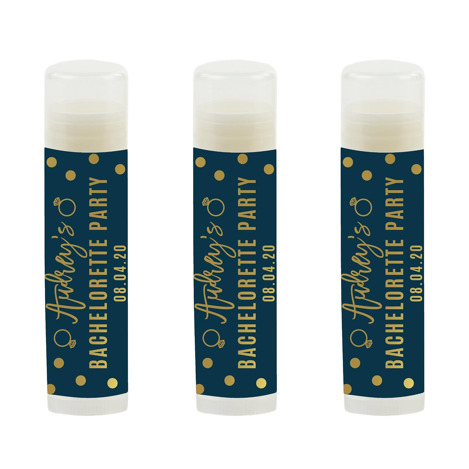 Andaz Press Navy Blue and Metallic Gold Confetti Polka Dots Bachelorette Party Bridal Shower Collection, Personalized Lip Balm Favors, Audrey's Bachelorette Party 12-Pack