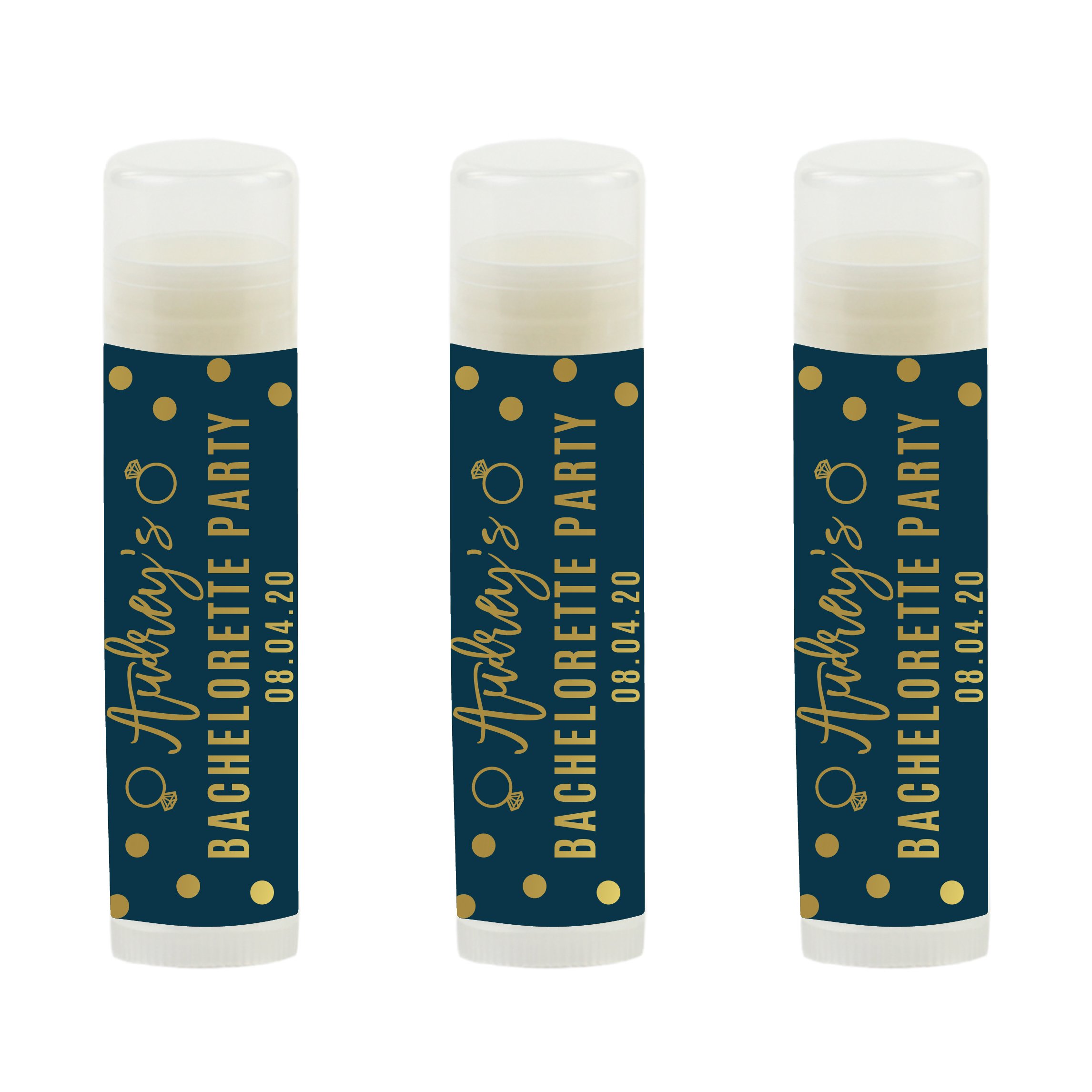 Andaz Press Navy Blue and Metallic Gold Confetti Polka Dots Bachelorette Party Bridal Shower Collection, Personalized Lip Balm Favors, Audrey's Bachelorette Party 12-Pack