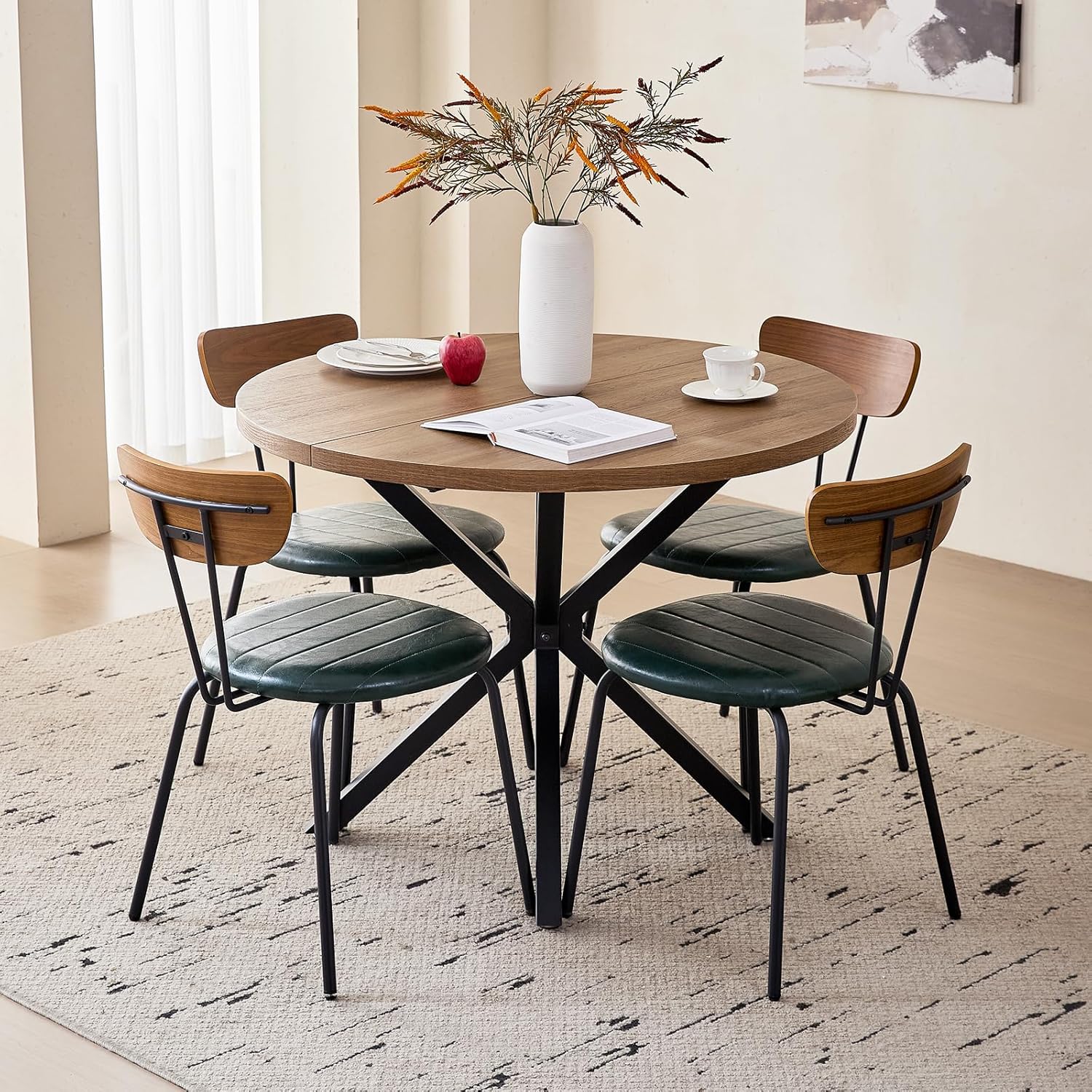 39" Round Dining Table Set for 4, Mid Century Kitchen Table with 4 Green [Synthetic Leather] Stackable Dining Chairs for Apartment Living Room Space Saving