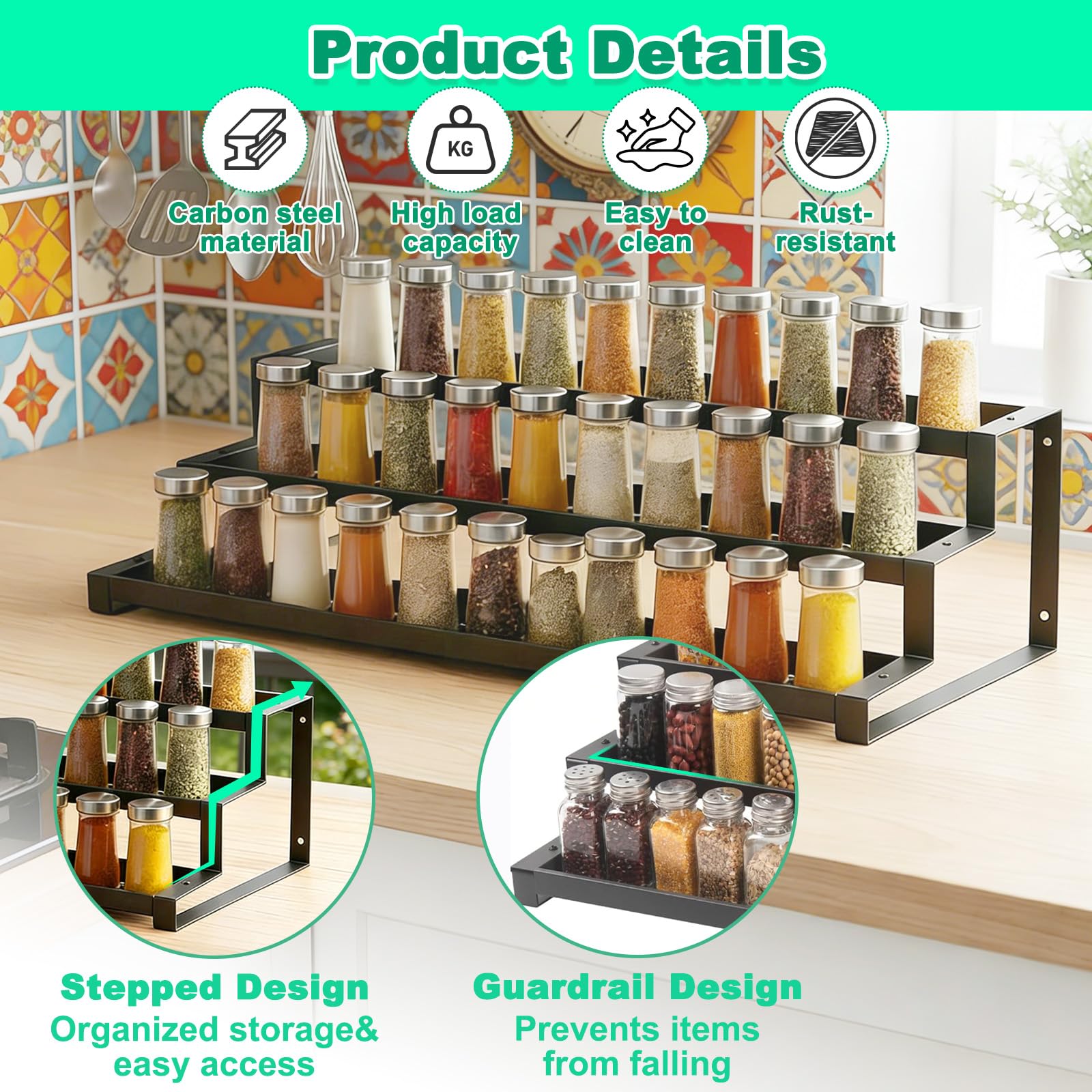 Étagère Rangement Épices Cuisine avec 3 Niveaux, 37–67 cm Porte Épices en Métal Conception Escalier Pratique Largeur Extensible et Réglable pour Range Armoire, Comptoir, Garde-Manger, Salle de Bain