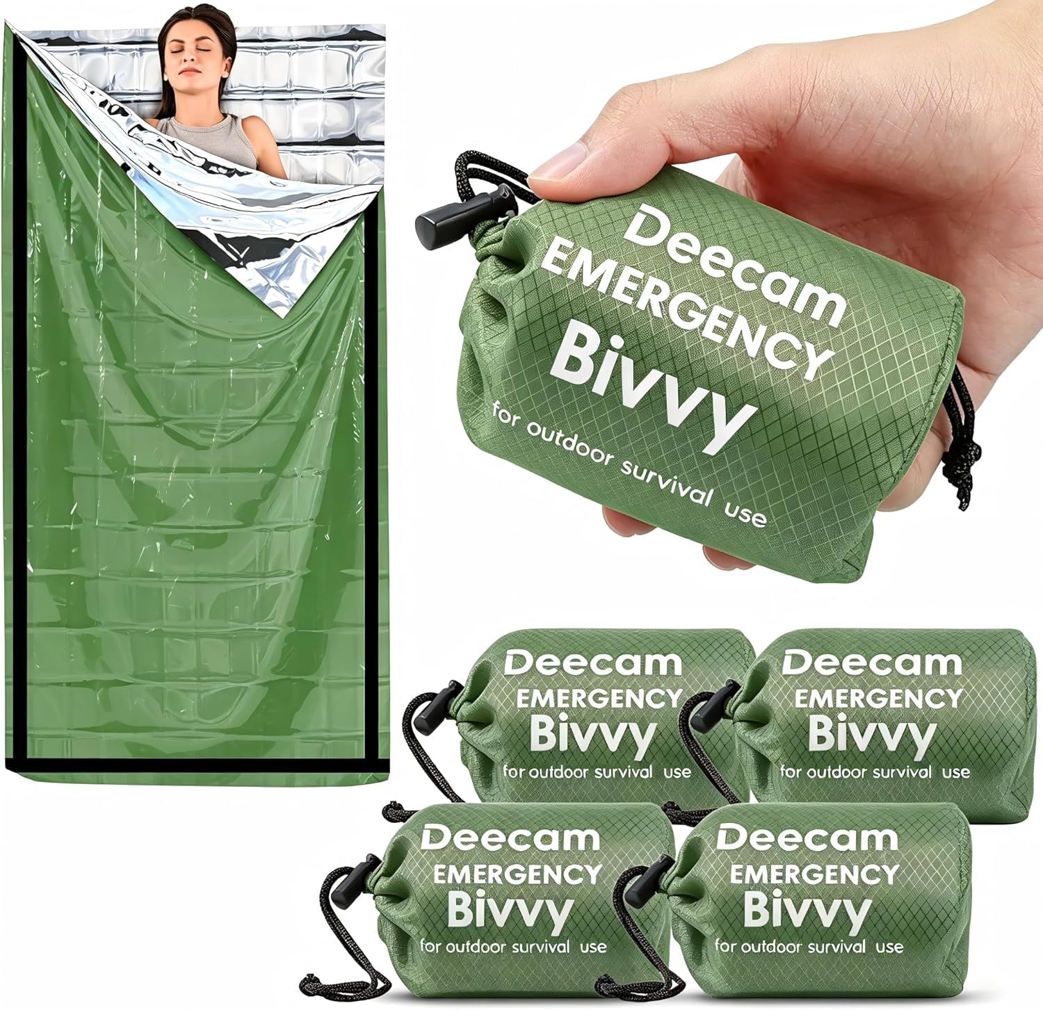 Deecam Emergency Sleeping Bag, 4 Pack Green Survival Bivy Sack Mylar Thermal Blanket Waterproof Lightweight Portable Shelter for Camping Gear Hiking Travel Outdoor Activities Backpacking