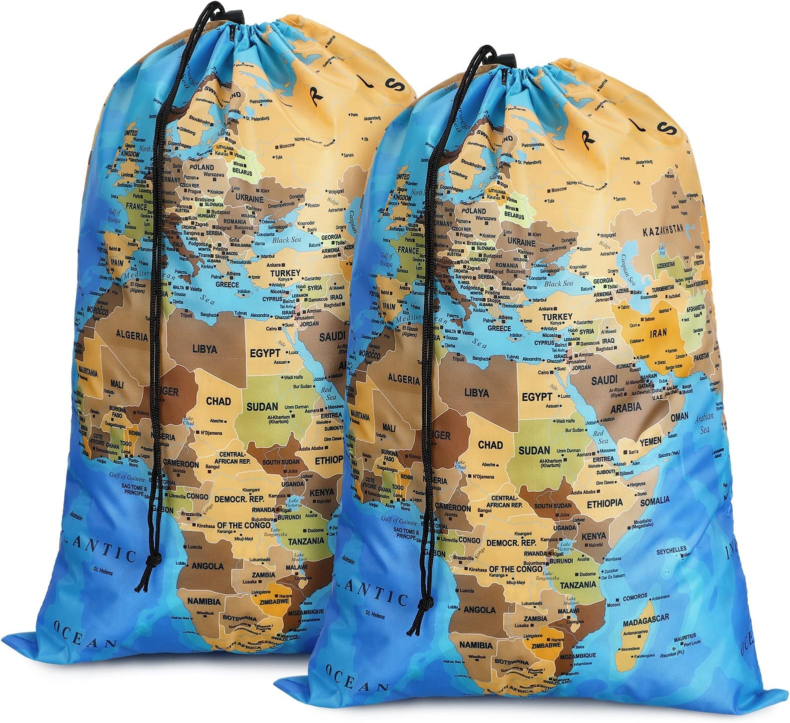 Riakrum2 Pcs Laundry Bag 22 x 16 Inch Heavy Duty Big World Map Bag Drawstring Travel Organizer Dirty Clothes for Travel