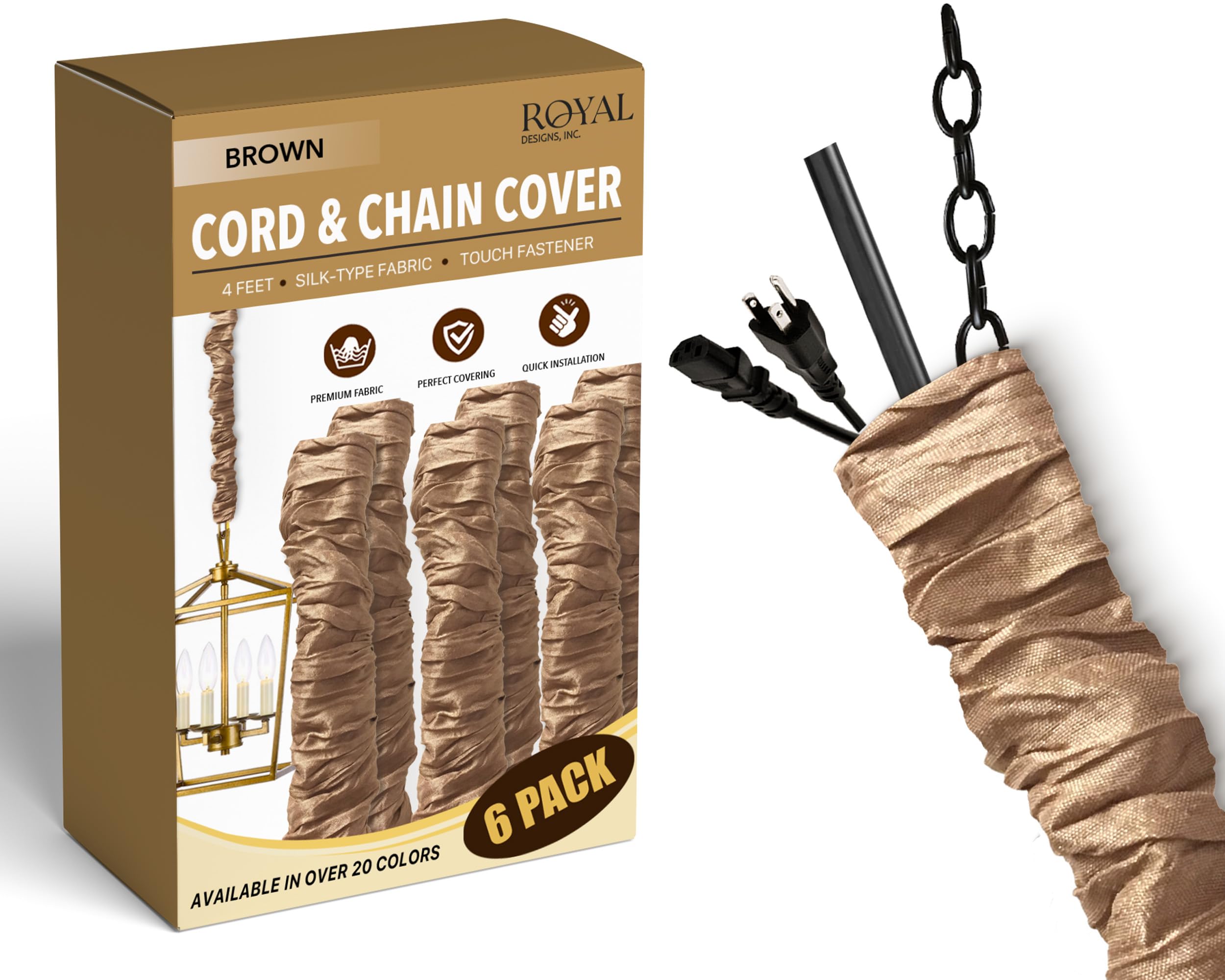 Royal Designs, Inc. Cord &amp; Chain Cover 4 ft Silk Type Fabric, Chandelier Pendant Lighting Chain &amp; Cable Management, Touch Fastener, Brown - 6 Pack