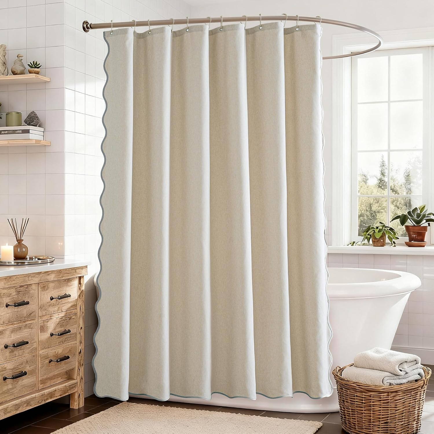 Beige Extra Long Shower Curtain Linen Textured with 12 Metal Hooks Cute Heavy Duty Washable Waterproof Neutral Thick Cloth Shower Curtains with Dusty Blue Border for Bathroom Hotel Bathtub, W72xL84