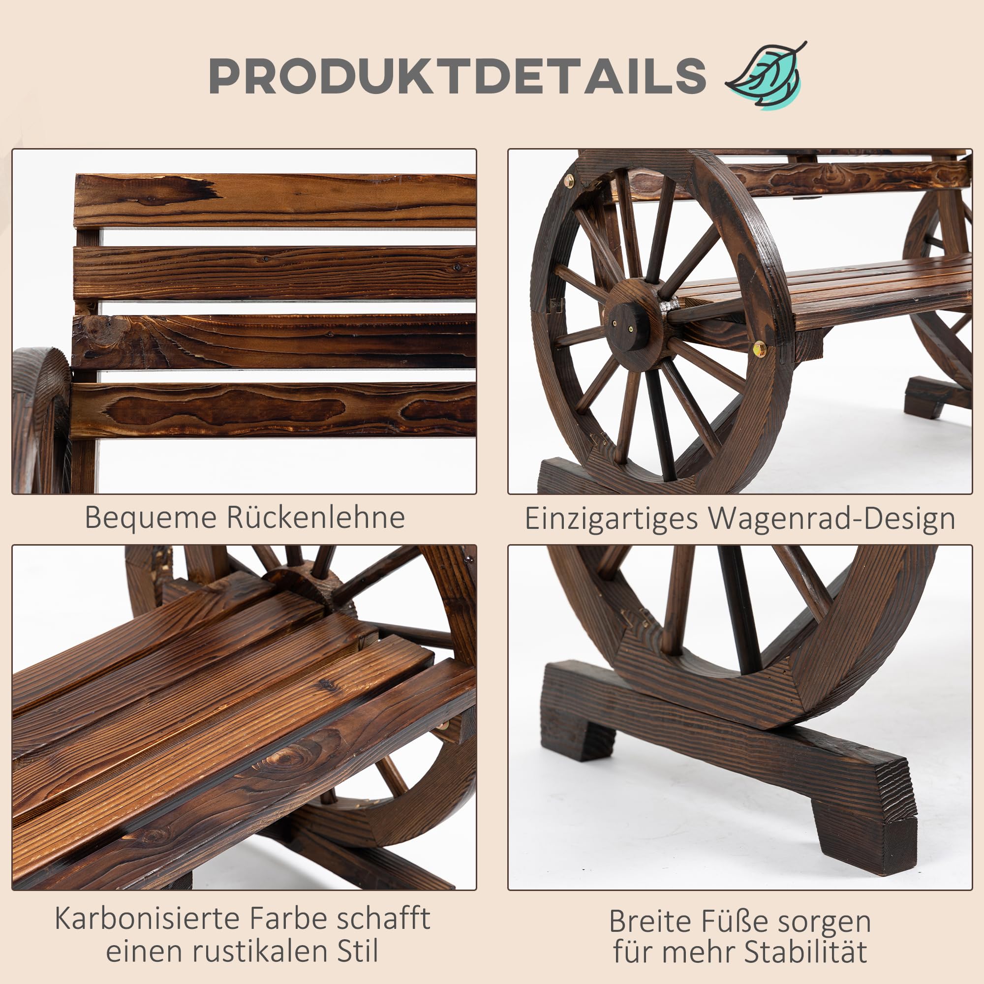 Outsunny 2-Sitzer Gartenbank, wetterfest Sitzbank, Gartenmöbel mit Rücken, Armlehnen im Rädernform Parkbank 240kg belastbar, Balkonbank, Holzbank für Balkon, Garten, 105,5 x 56 x 79 cm, Braun