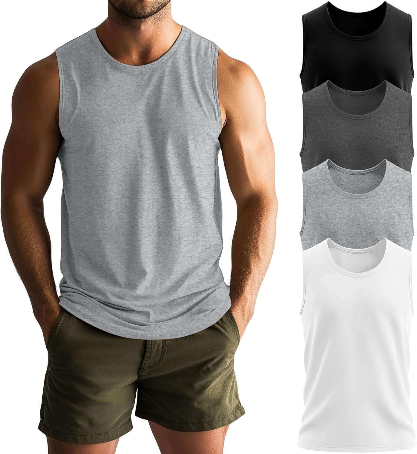 Neer 4 Pack Men's Big & Tall Tank Tops, Sleeveless Cotton Crew Neck T Shirts Casual Classic Shirts Muscle Quick Dry Tees - Image 2