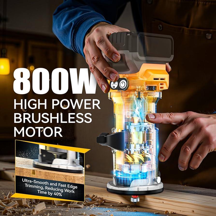 MtiolHig Cordless Compact Router Compatible With DeWalt 20V Battery, With 15Pcs Router Bits 6 Variable Speeds For Woodworking, 800W Fixed Base Wood Router With Trim Bits, Edge & Roller Guide
