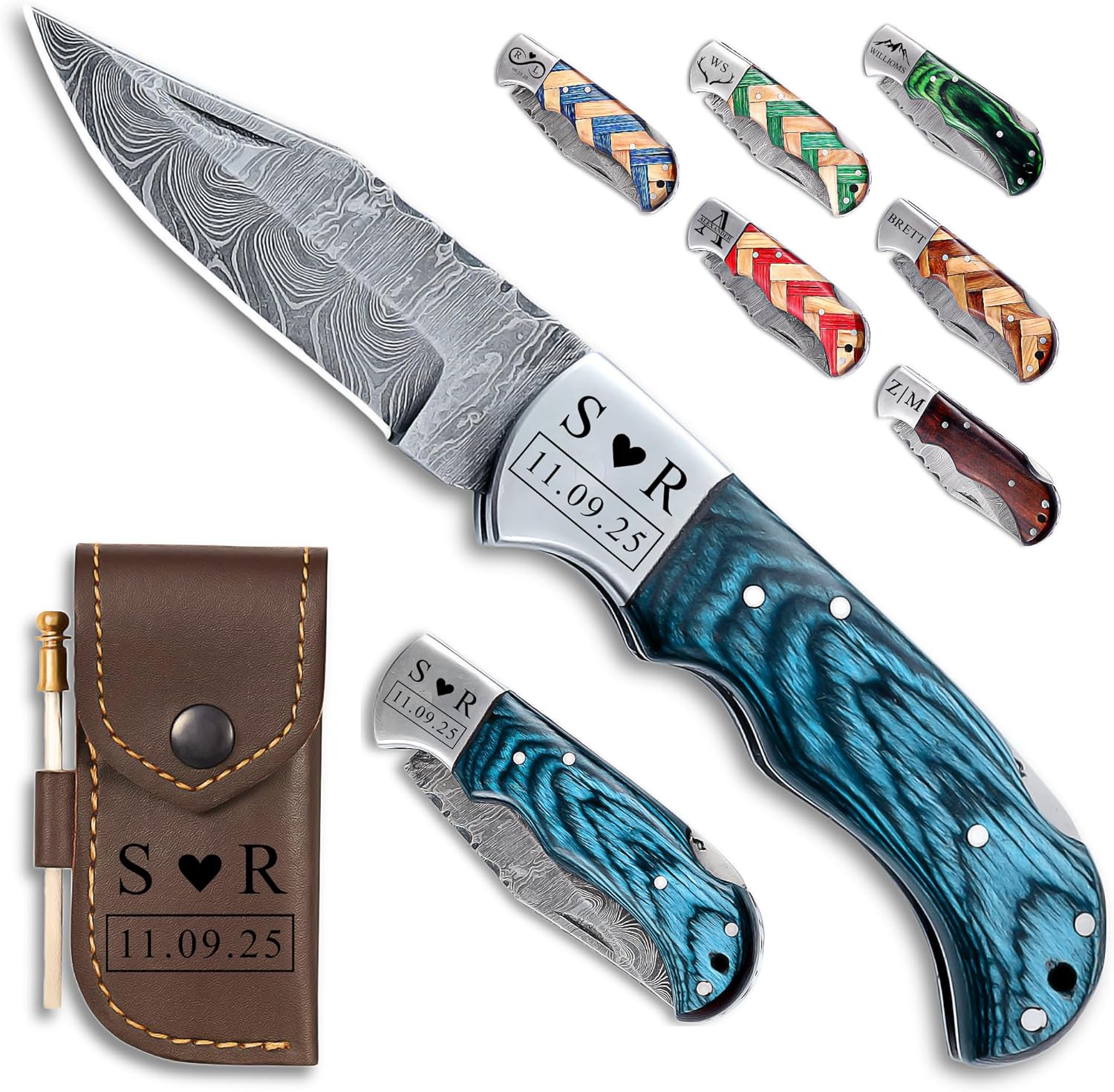 Custom Pocket Knife gifts for Men, Personalized Damascus Folding Knife, Engraved Gifts for Him, Dad, Boyfriend, Husband, Anniversary, Groomsmen Gifts. Custom Knife for Camping Hunting Everyday Carry (Blue)