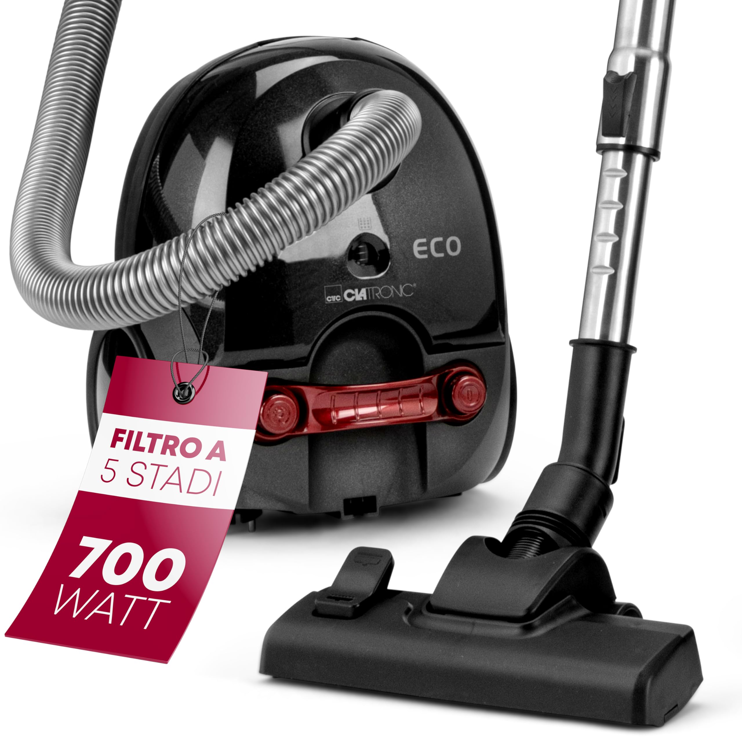 Clatronic Aspirapolvere risparmio energetico da 700 watt | con sistema di microfiltro a 5 pieghe | spazzola reversibile per pavimenti e bocchetta per spazzola/spazzolino | BS 1300 N antracite