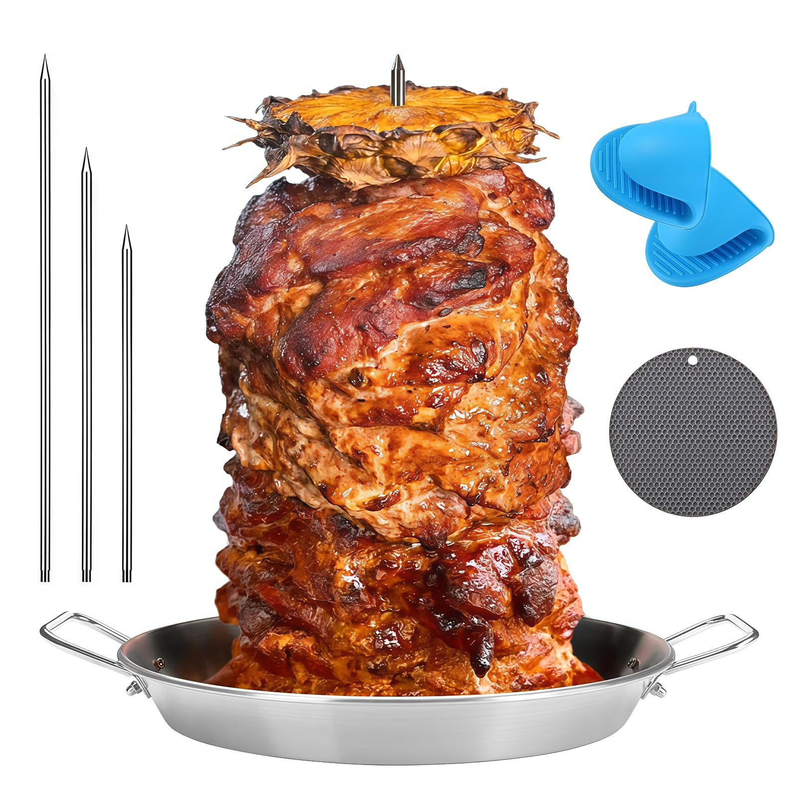 Metal Kebab Skewers Vertical Stand for BBQ, Gyros Skewer Fruit Kebab Plate 10INCH, Equipped with 3Pack Stainless Steel Spikes Silicone Mat and Oven Gloves ﻿