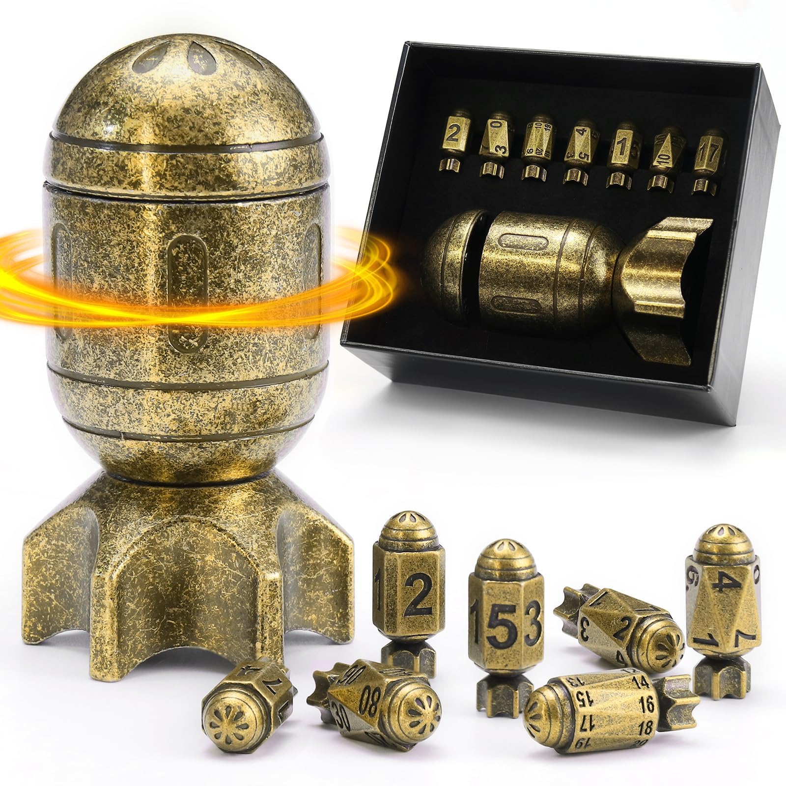 ZHOORQI DND Dice Set with Spinning Missile Dice Container, Polyhedral Metal Dice Bullet Dice for RPG, Dungeons and Dragons Gifts(Retro Bronze)
