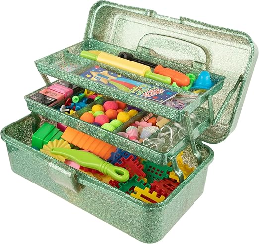 Glitter Art & Craft Tool Storage Box,3-Layer Stackable Carry Tackle Box Sewing Box Organizer for Art Supply, Makeup,Sewing Supply (Green)