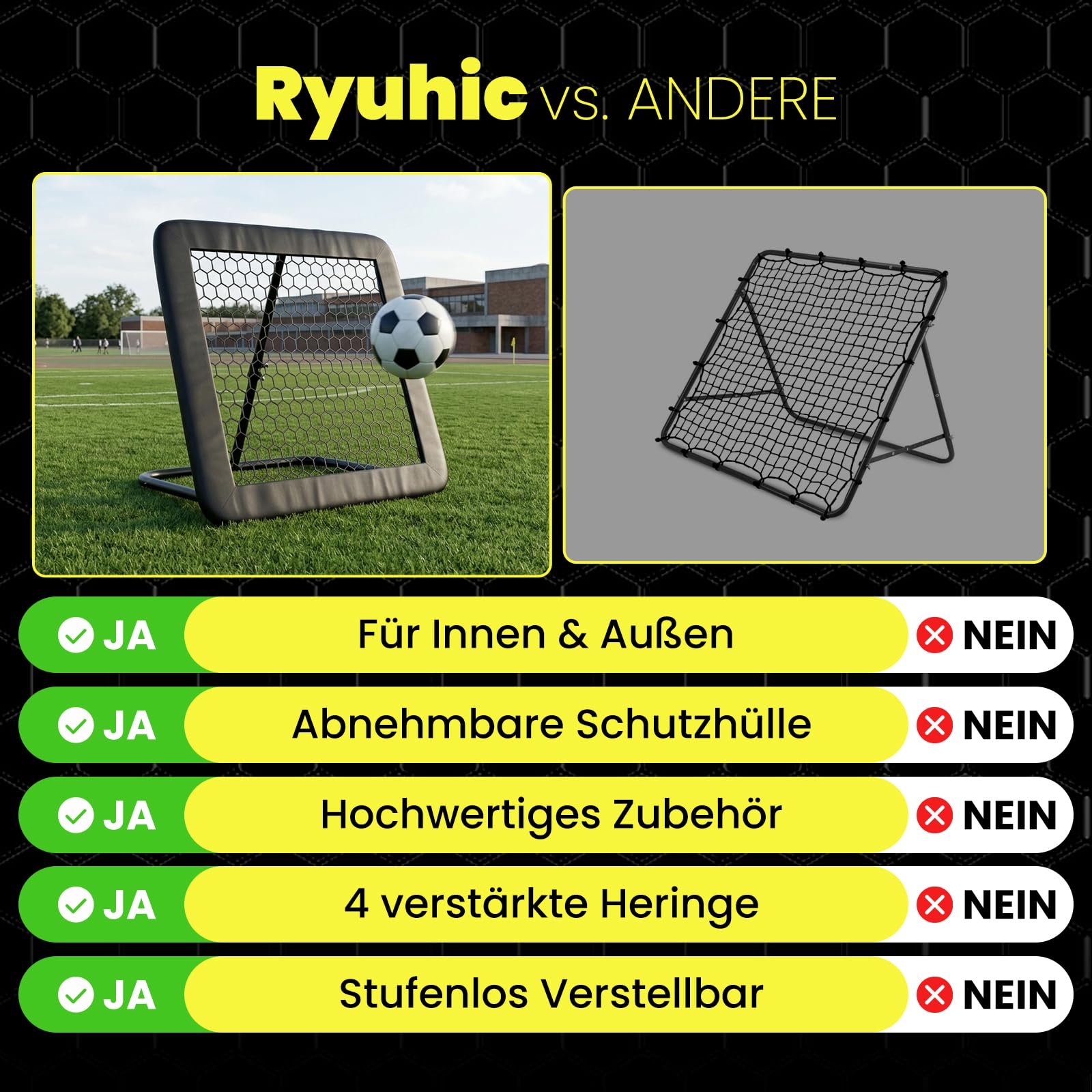 Rebounder für Fußball - Fußball Rebounder mit 32 mm Stahlrahmen- Stufenlos Verstellbar - klappbares Trainingsnetz für Schuss, Pass, Ballannahme & Torwarttraining