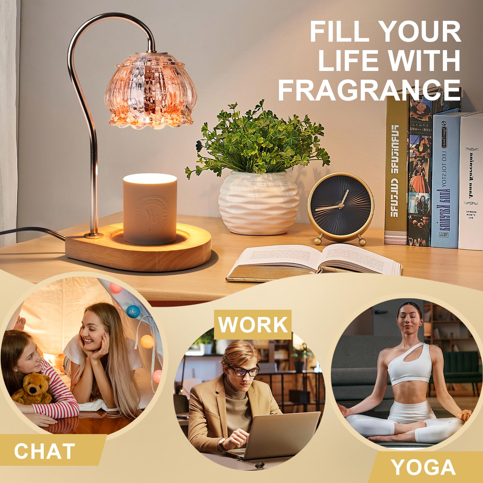 Gr8Gardens Lampe chauffe-bougie électrique à intensité variable avec minuterie, cadeau pour femme, décoration d'intérieur, pendaison de crémaillère, blanc et orange