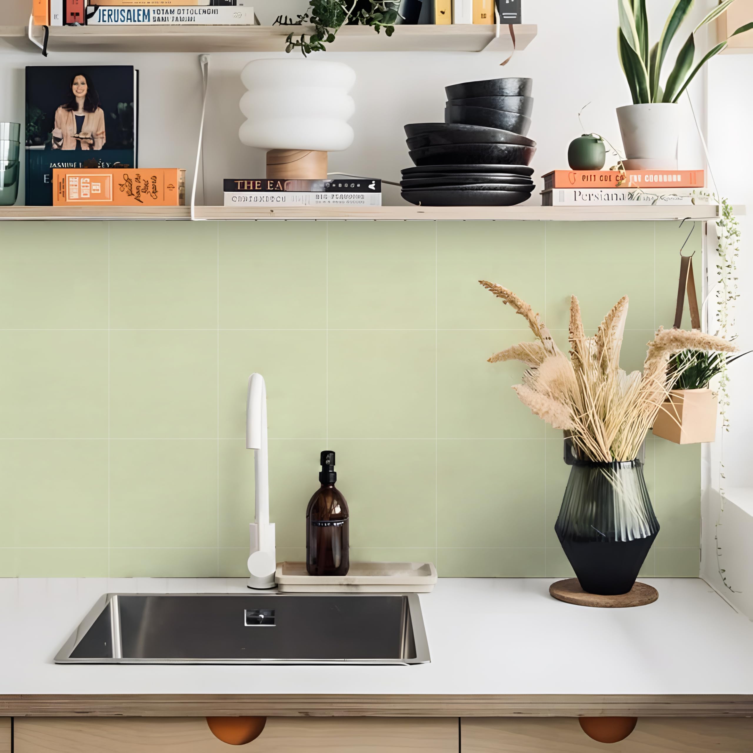 Alwayspon Tile Sticker, 20cm/8inch Sage Green Self Adhesive Stick on Tiles Transfer Sticker for Bathroom Kitchen, Splashback, Peel and Stick Vinyl Floor Wall Tiles Sticker