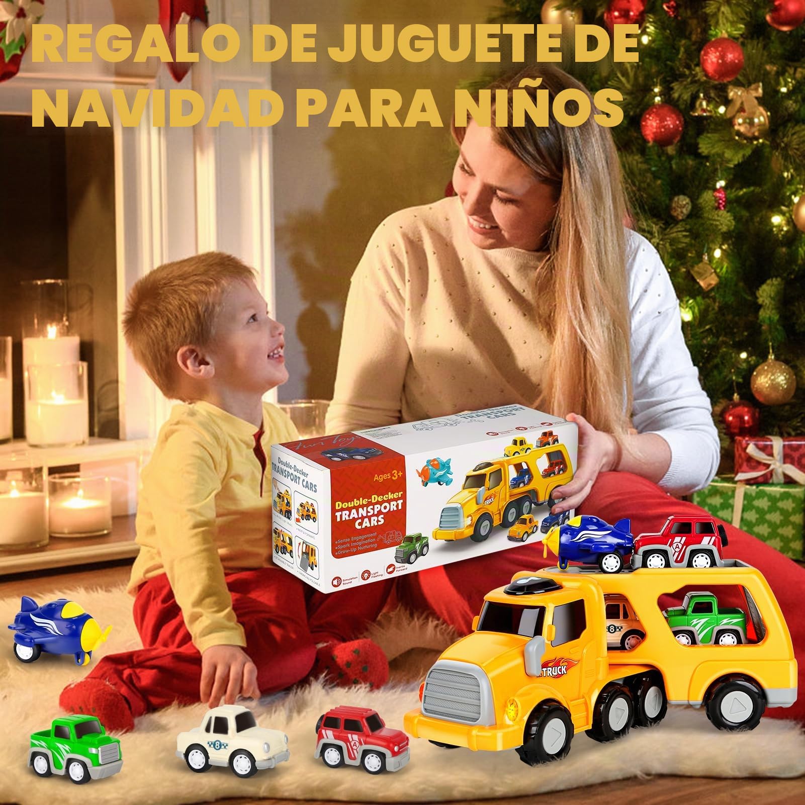 Aoskie Camion Transportador de Coches para Niños, 5 in 1 Coches Juguete con Sonido y Luces Regalo para Niños Bebe 1 2 3 4 Años