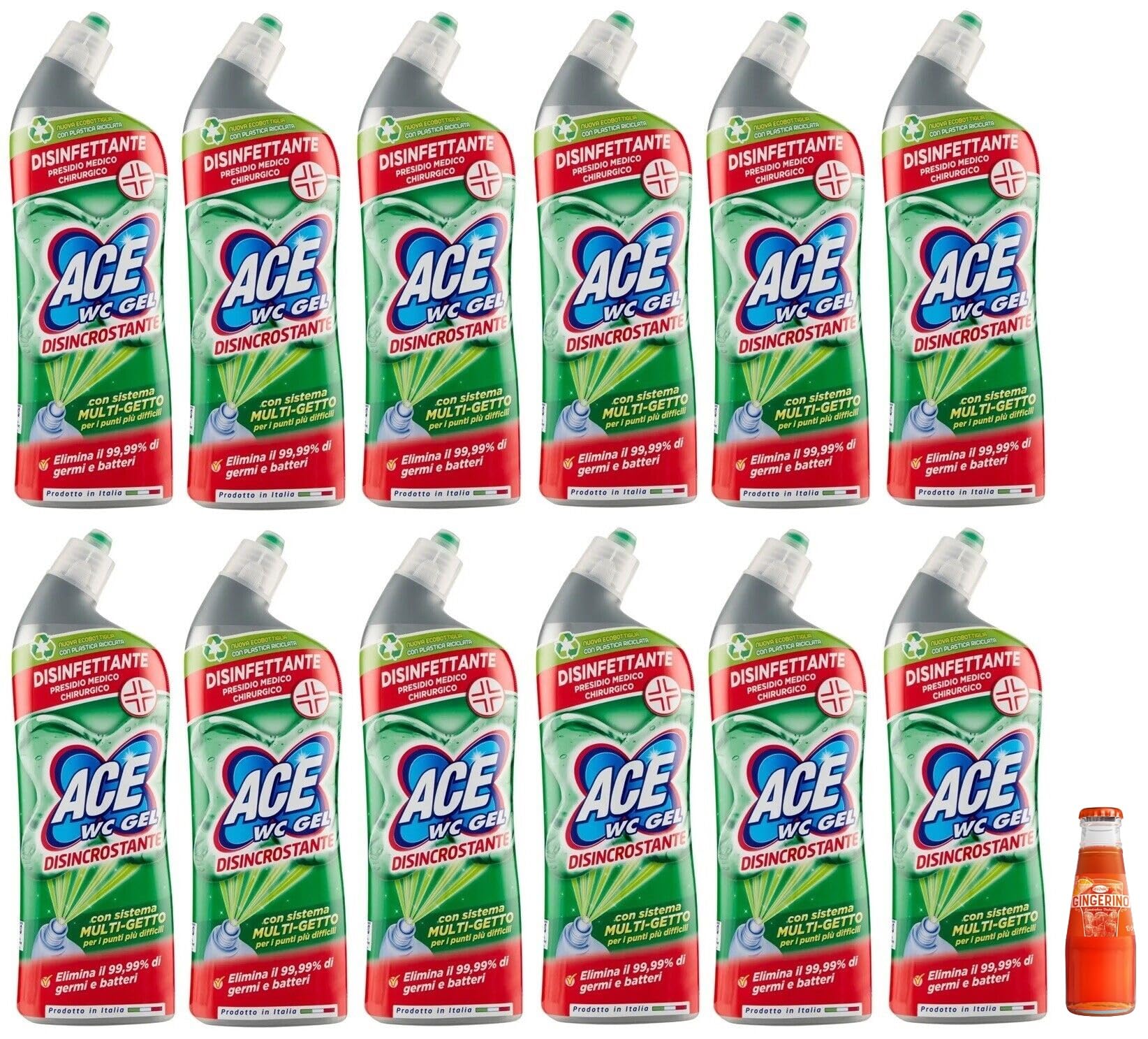 12x ACE Wc Gel Disincrostante,detergente per WC con sistema multigetto,700ml +1x Gingerino Recoaro Aperitivo Italiano 10cl IN OMAGGIO