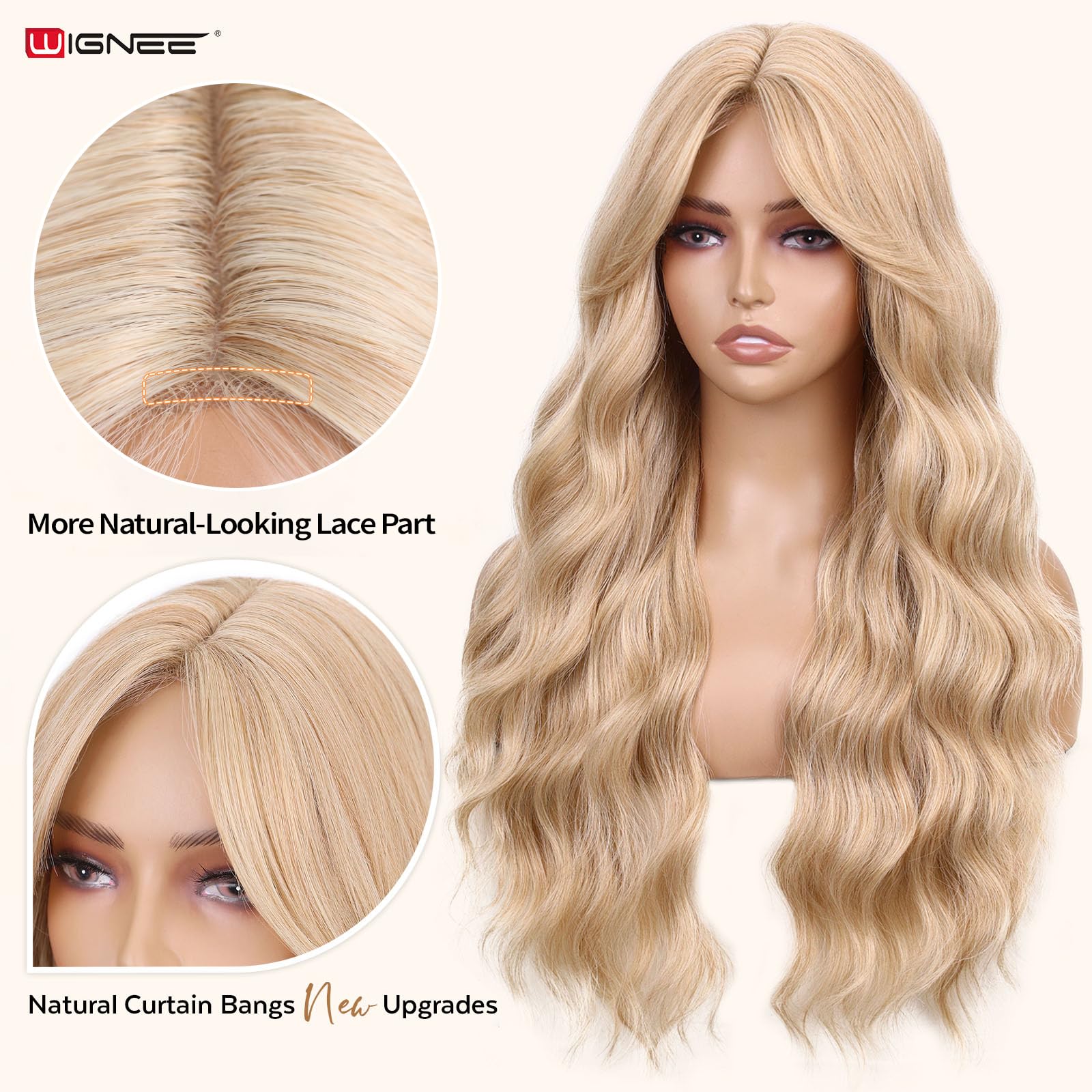 WIGNEE Lightweight Wavy Lace Part Wig with Curtain Bangs