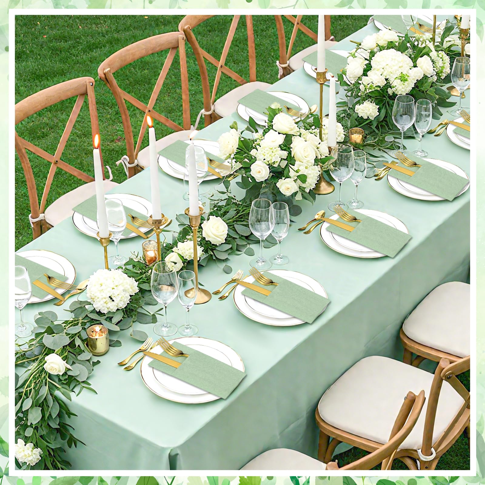 Lot de 60 serviettes de table jetables en lin avec poche intégrée pour couverts, mariage, fête prénatale, fête de mariage (vert sauge)