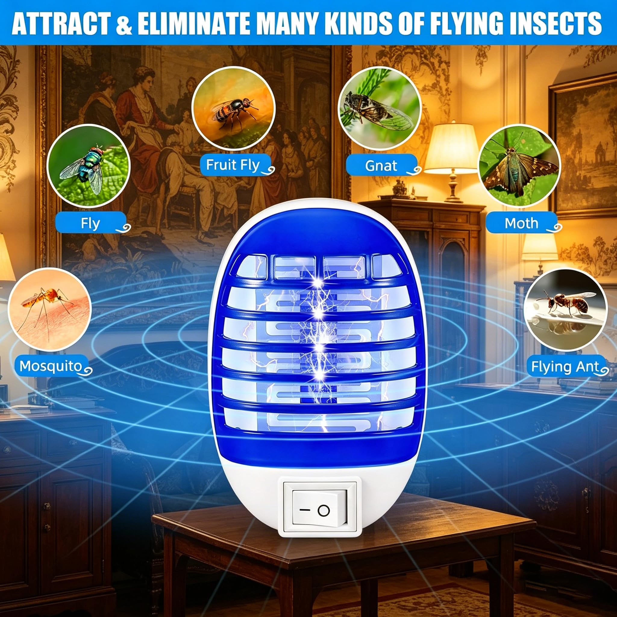 Anti Mouche Electrique, Lampe Anti Moustique Électrique Anti Moucherons Cuisine Interieur Plug in, Moustique Attrape Mouche pour Intérieur