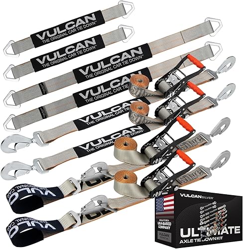 VULCAN Ultimate Axle Tie Down Kit - Silver Series - Includes 2 22 Inch Axle Straps 2 36 Inch Axle Straps 2 96 Inch Snap Hook Ratchet Straps and 2