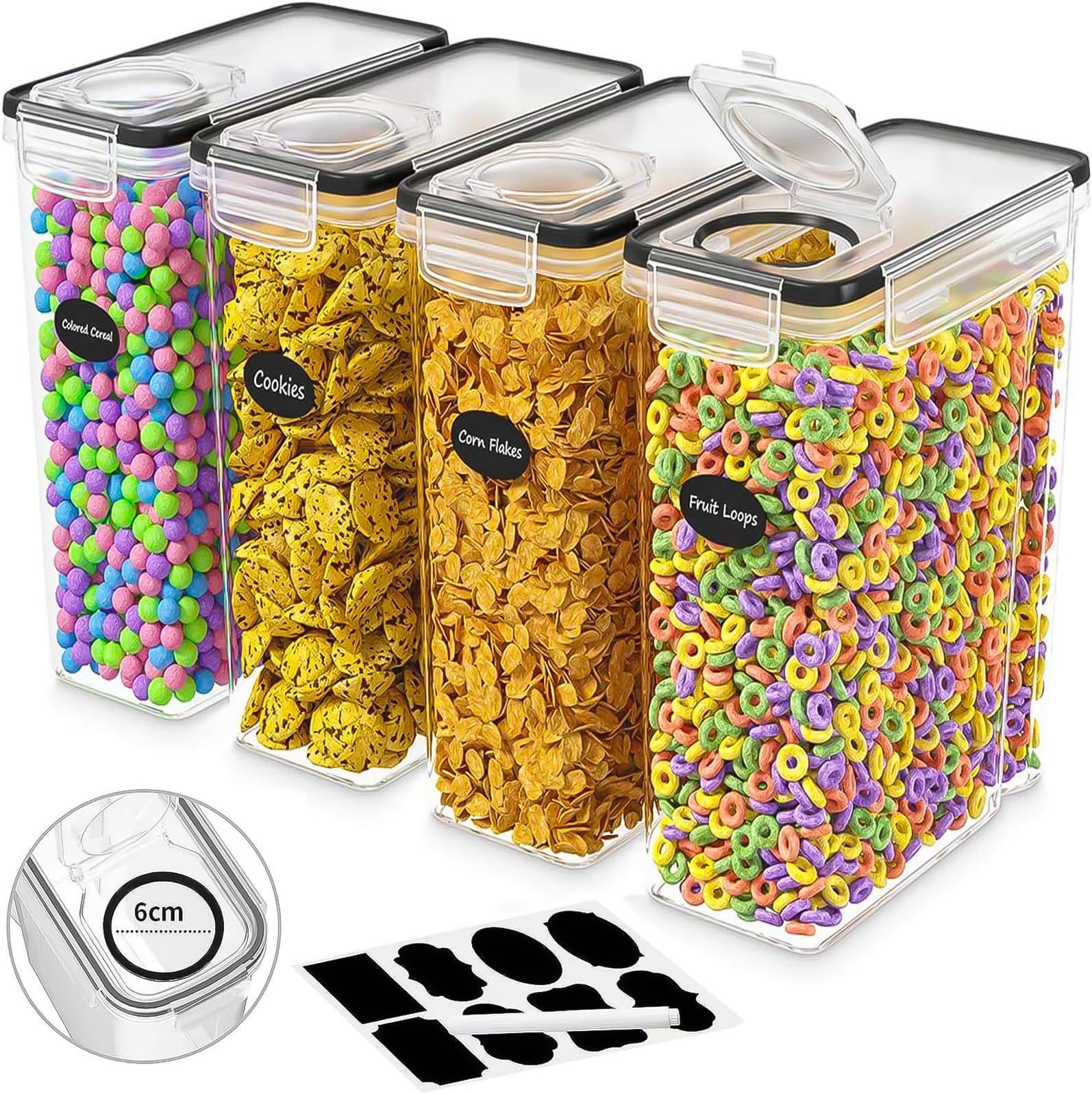 4 Pack Airtight Cereal & Dry Food Storage Container - Airtight Leak-proof & BPA Free Plastic Kitchen and Pantry Organization Canisters for Flour, Sugar, Rice, Nuts, Snacks, Pet Food (4 Liter)