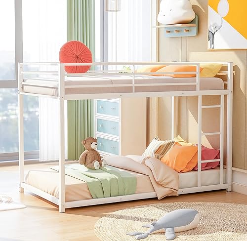 Literas de metal de tamaño individual sobre individual, litera baja de metal para niños, marco de cama resistente con barandilla de seguridad y