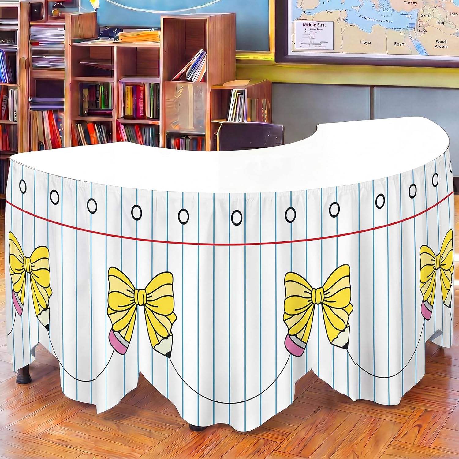 Breling 14 Ft Composition Notebook Table Skirt Black and White Tablecloth Ruffle Teacher Desk Skirt for Classroom Office Back to School Party Decorations(Pencil Bow)
