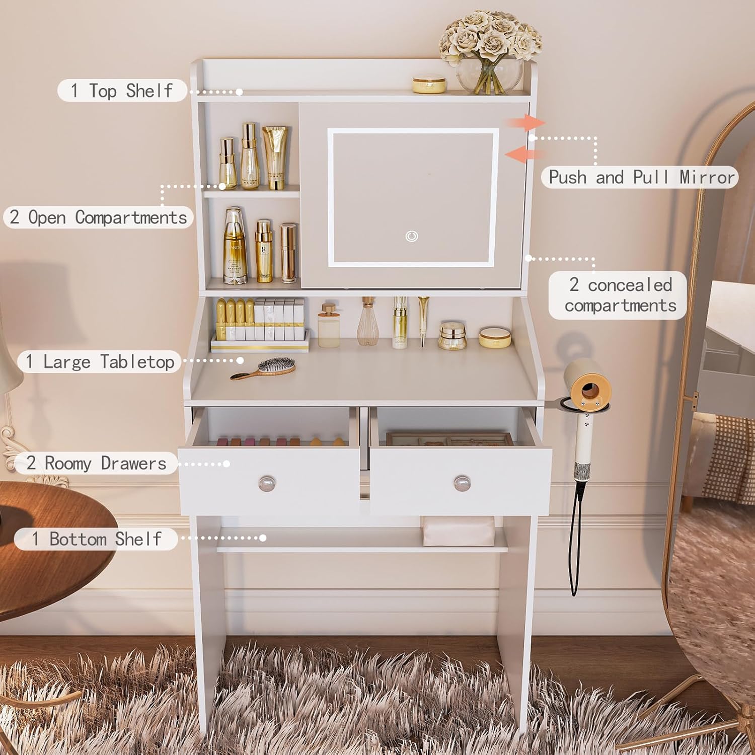 Vanity, Small Vanity Desk with Sliding Mirror, Dimmable LED Lights, 2 Drawers,Vanity Table Ideal for Bedroom (White)