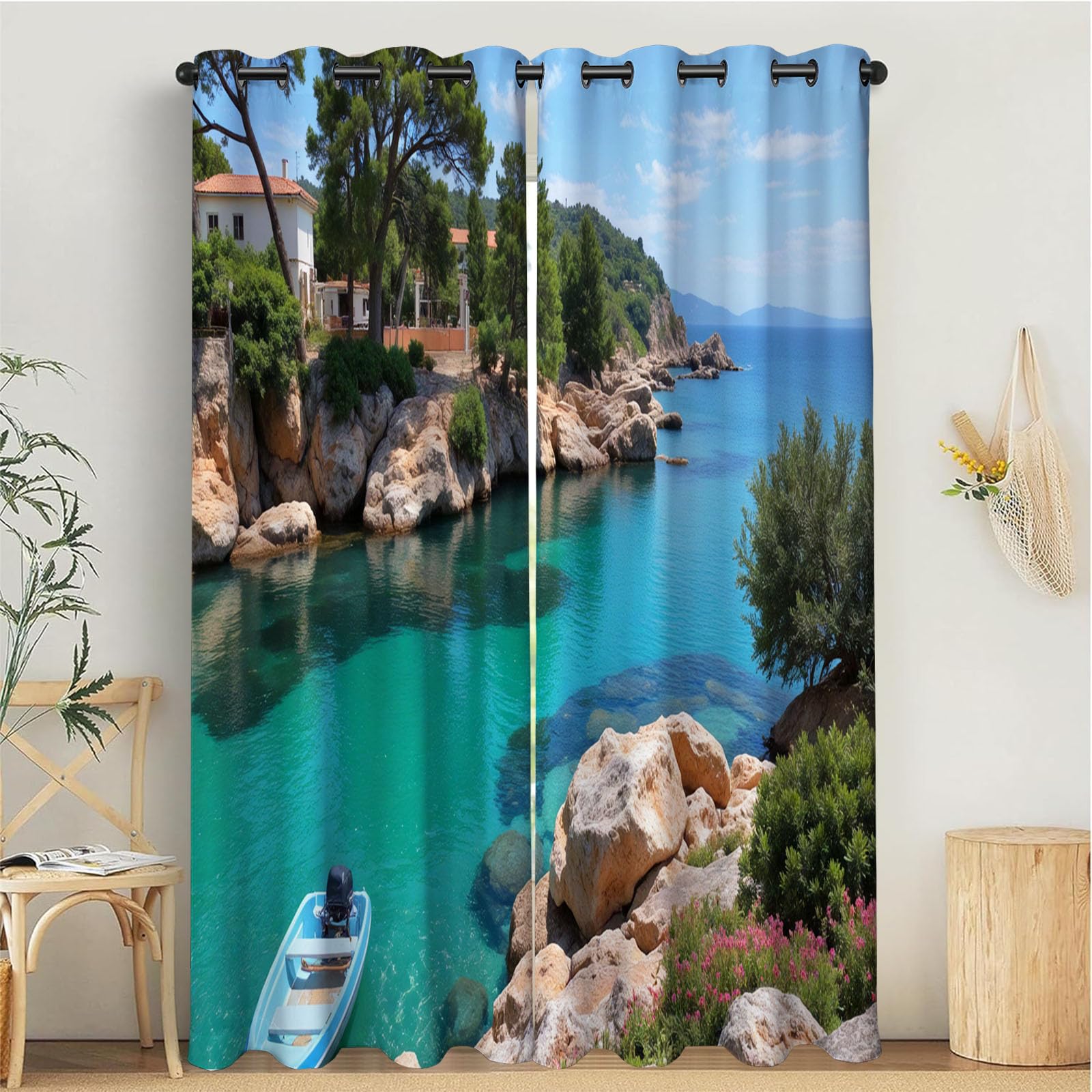 Rideaux occultants 3D bateau turquoise 140x225cm pour salon et chambre