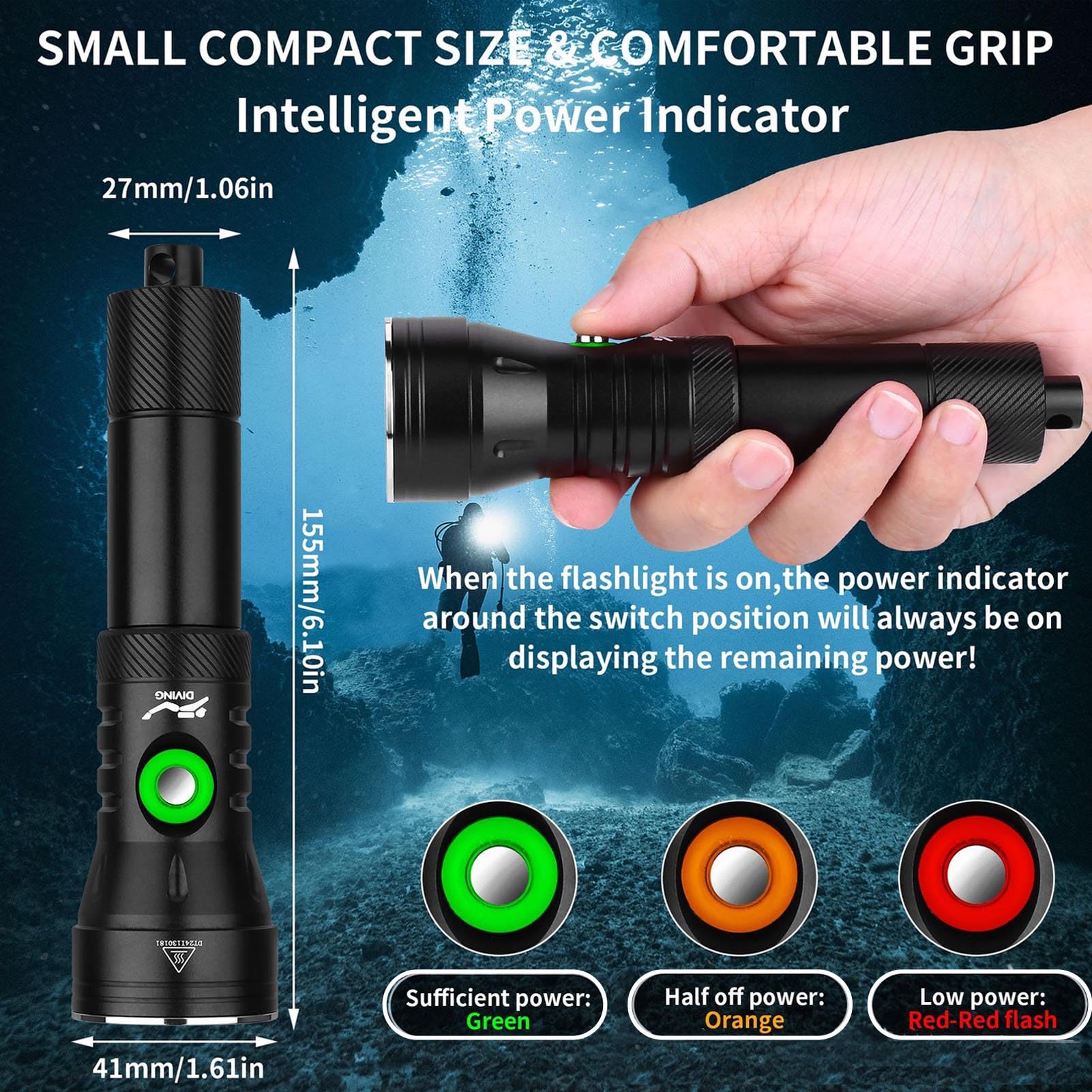 2000LM Underwater Flashlight, Rainproof 5 Modes 100M Underwater Aluminum Alloy Dive Torch with Power Indicator, Snorkeling Flashlight