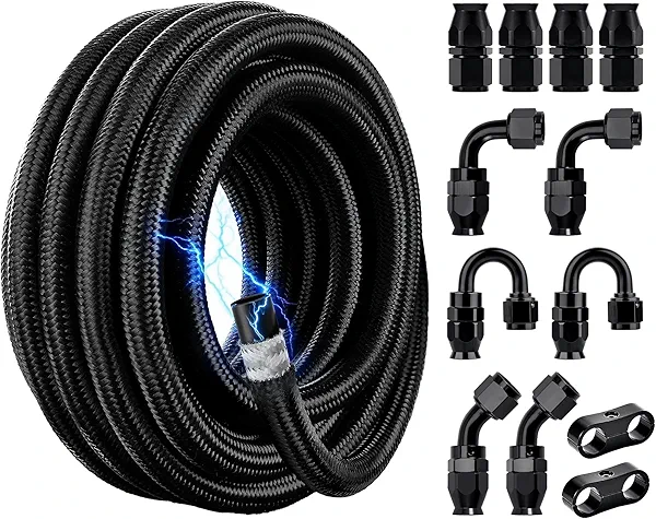EVIL ENERGY Conductive 8AN PTFE Fuel Line Kit,Antistatic E85 Nylon Braided PTFE Fuel Hose 20FT AN8 Fuel Line Hose kit Black