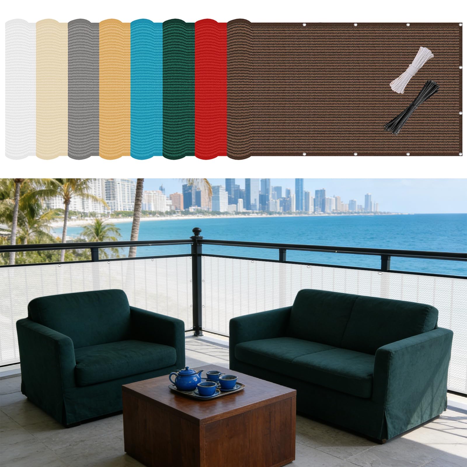 Telo Balcone 120 x 650 cm in HDPE 220G ㎡, Permeabile, Anti-Uv, Frangivento, Protezione Solare, Frangivisto per Recinzione Giardino con Fascette e Funi para Jardín Exterior, Bianco