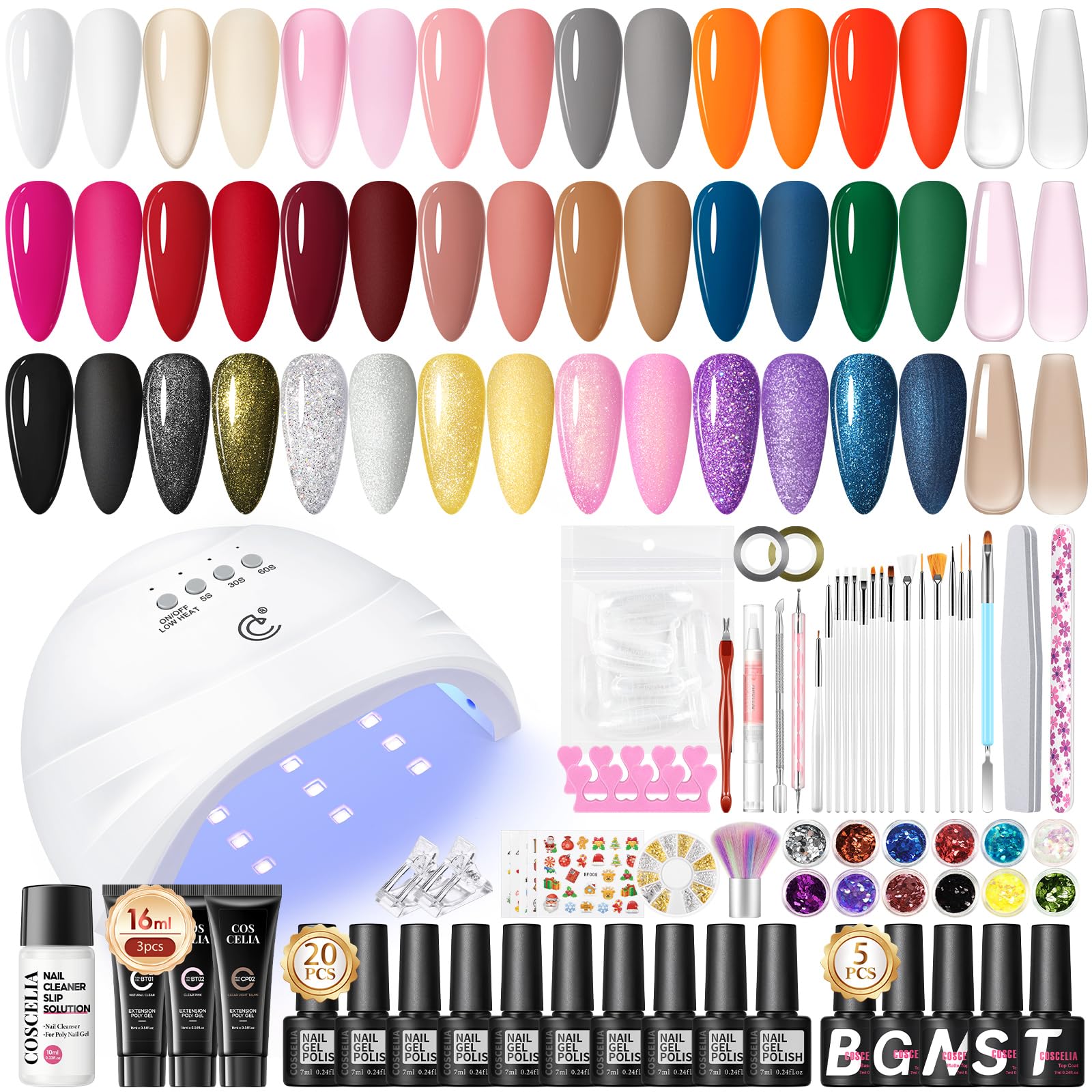 COSCELIA 52 piezas esmalte de uñas UV con lámpara UV, 23 piezas uñas de gel de arranque conjunto rojo verde dorado desnudo uñas de gel de colores uñas de gel conjunto base capa superior