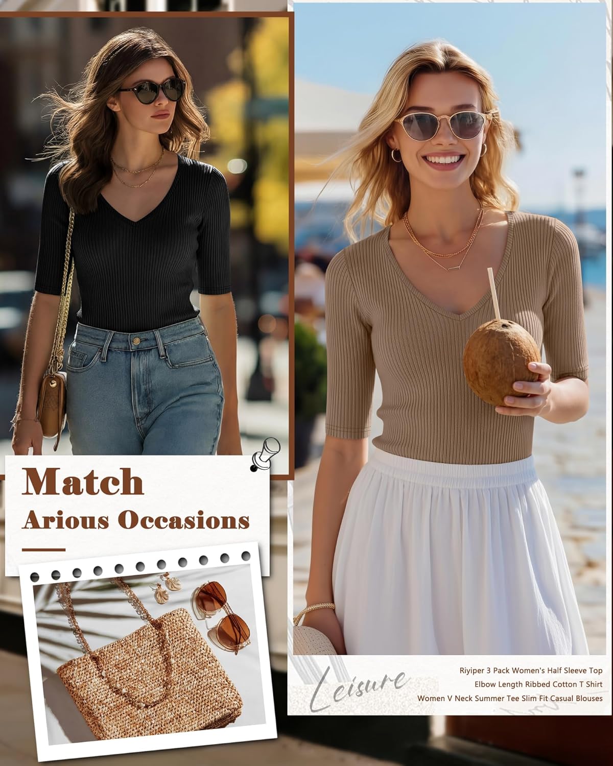 Riyiper 3 Pack Women's Half Sleeve Top Elbow Length Ribbed Cotton T Shirt Women V Neck Summer Tee Slim Fit Casual Blouses - Image 6