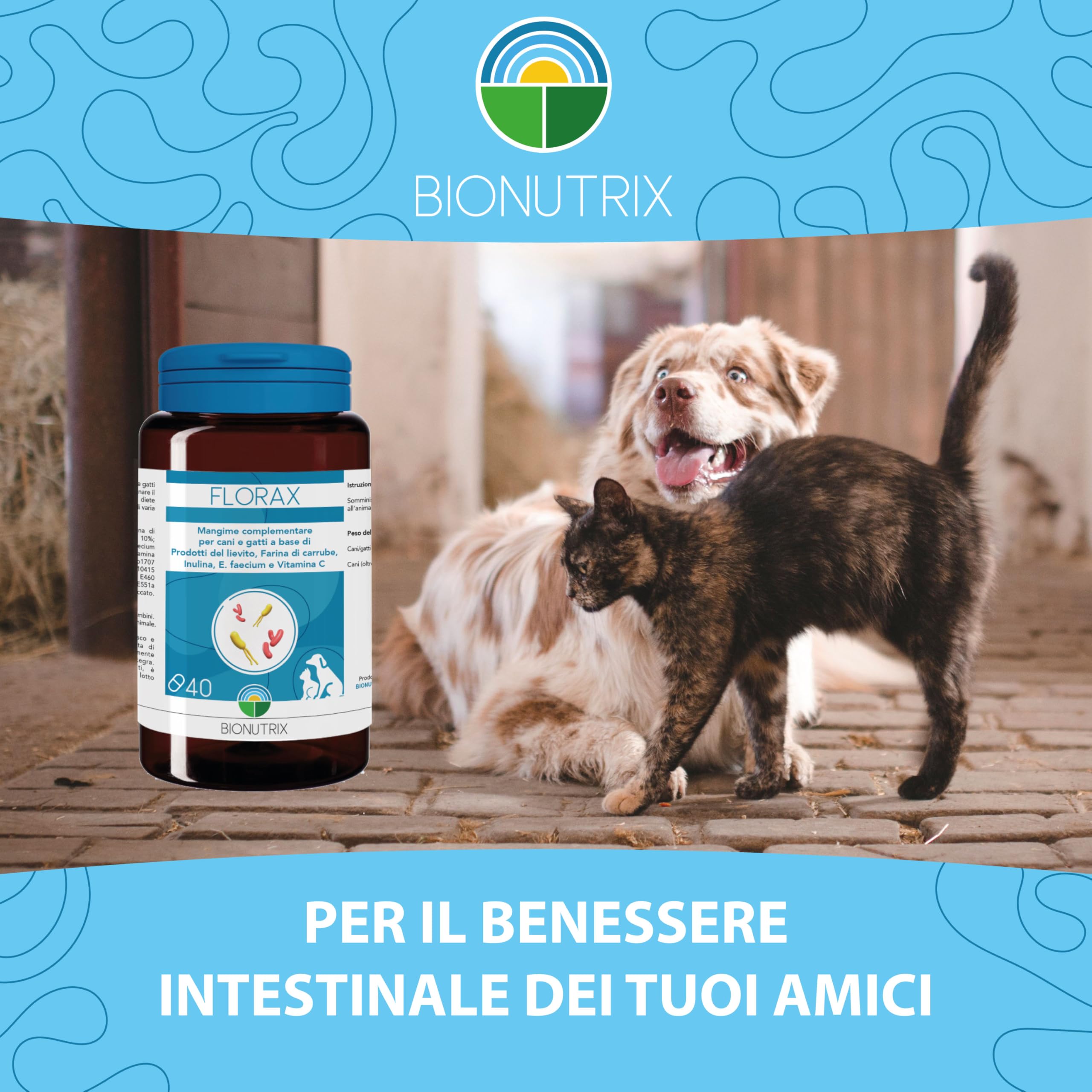 FLORAX | Probiotico per Cane e Gatto | 40 CPR Appetibili | Alto Dosaggio | Integratore Alimentare | Ripristino Flora Intestinale | MOS, E.faecium, Farina di Carrube, Inulina e Vitamina C | BioNutrix ®