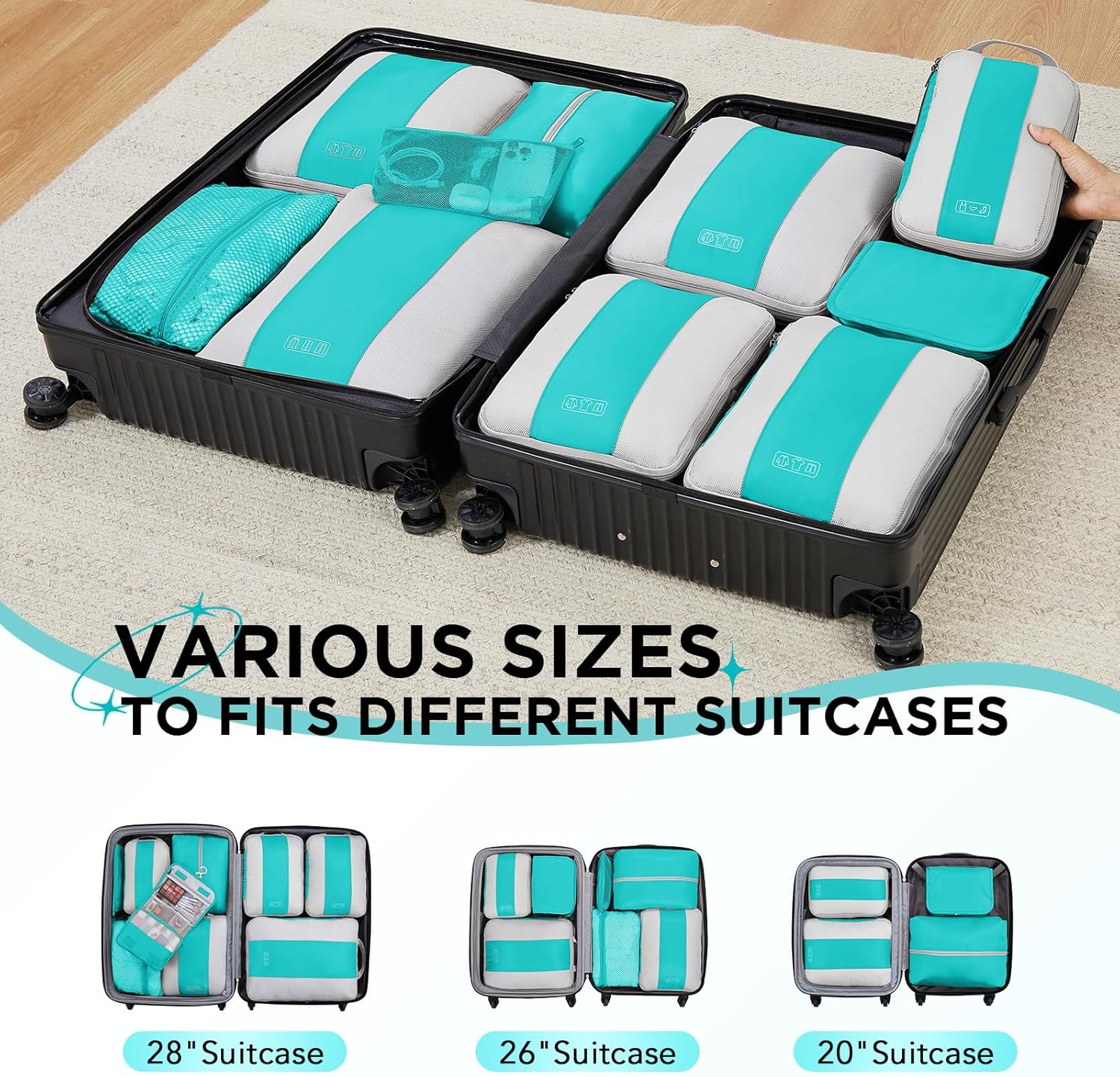 10 Set Compression Packing Cubes for Travel Essentials,Compressible Expandable Packing Cubes for Suitcase,OlarHike Luggage Organizer Bags for Travel,Handy Helper for Organizing Clothes(Blue Green) - Image 8
