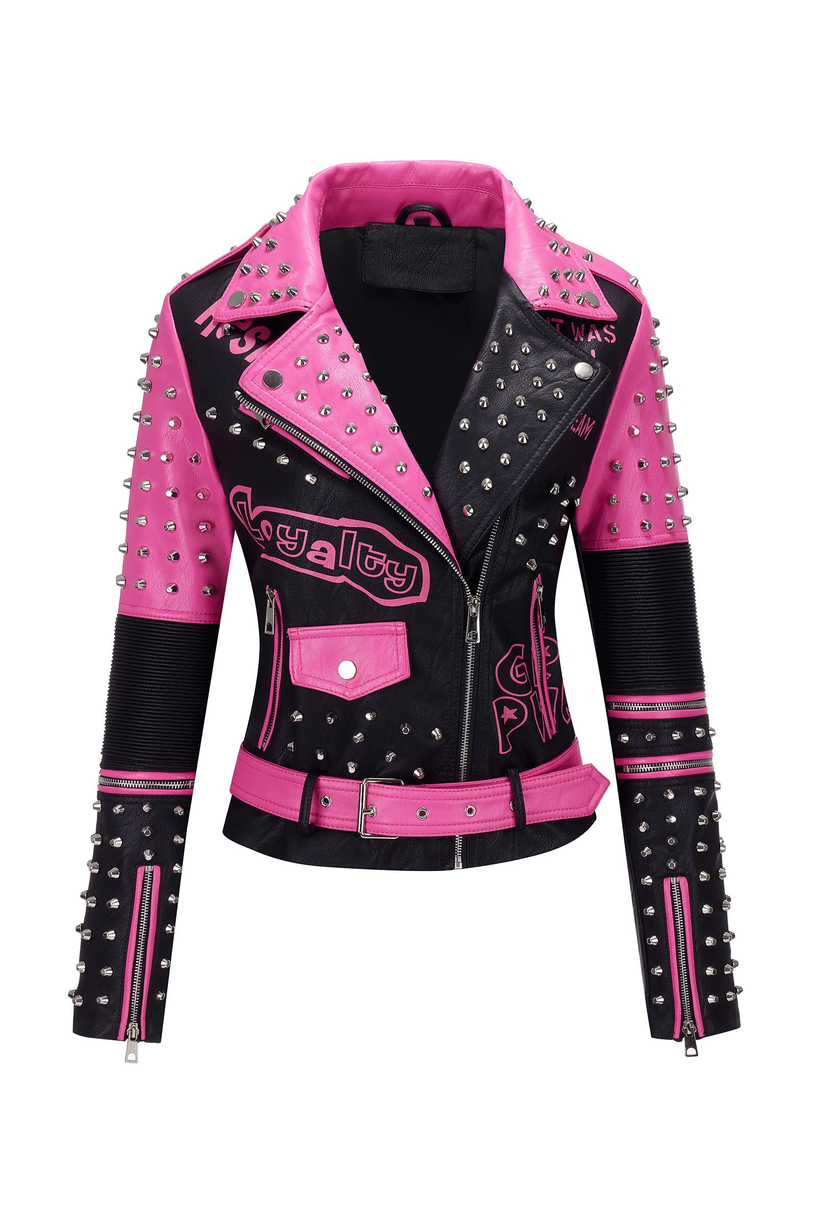 RISISSIDAWomen Faux Leather Jacket Studded Rivet Spring Fall Fashion, Hip-Length Moto Biker Trendy Clothes Streetwear Belted