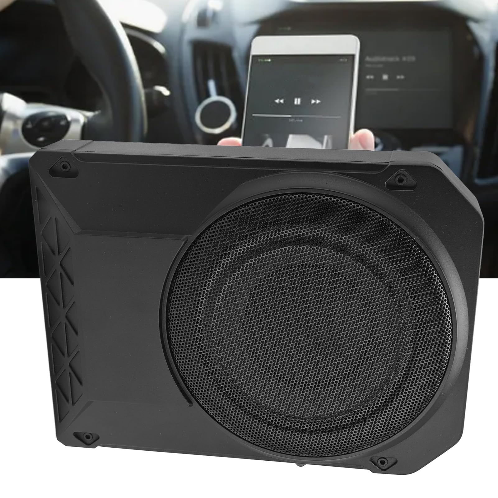 10 Inch 600W Powered Under Seat Car Subwoofer, Ultra Thin Design for Truck Boxes and Enclosures, with Variable Bass Boost and Low Pass Filter, Easy Installation, Aluminum Alloy Ma