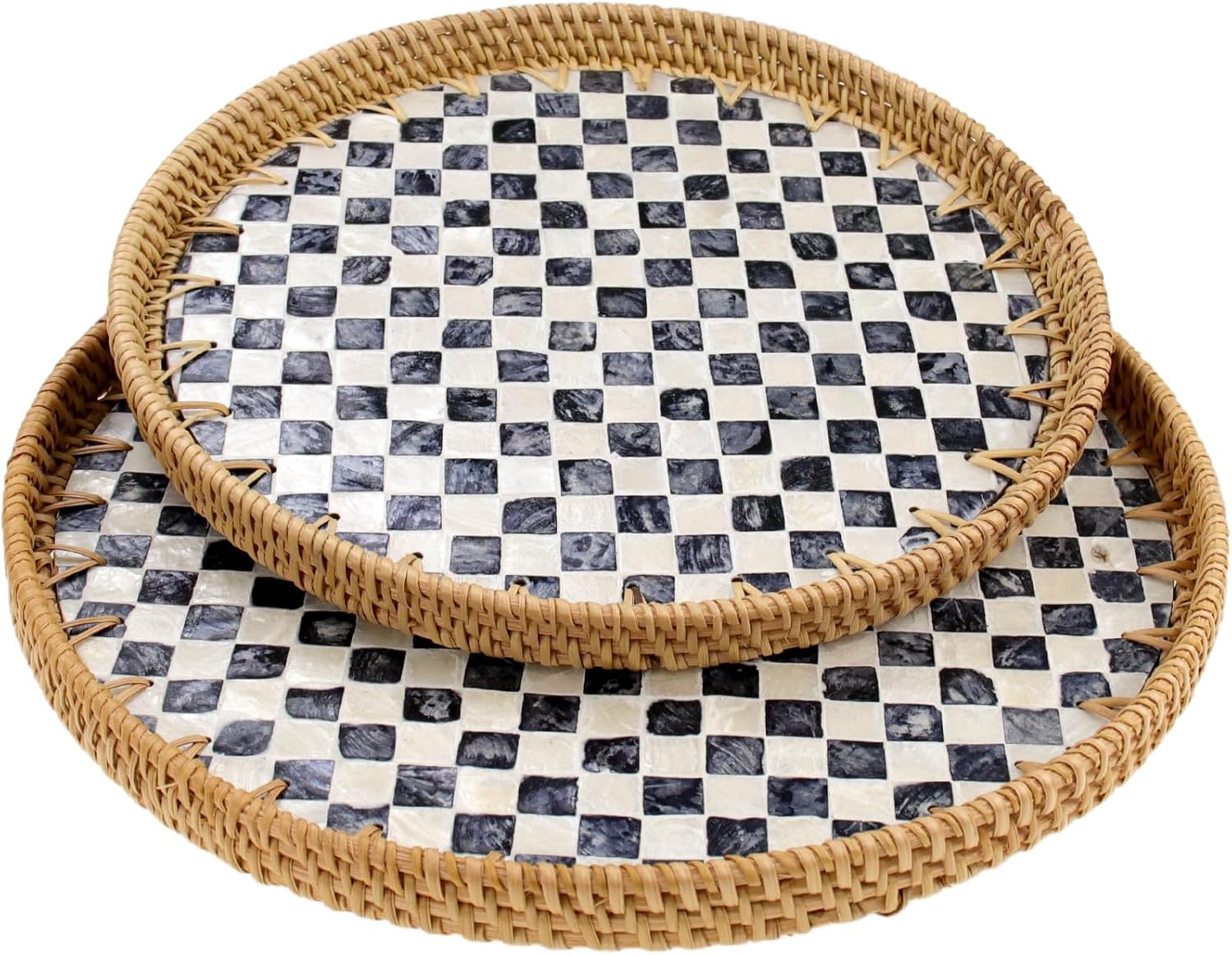2 Pcs Round Rattan Serving Tray with Mother of Pearl Inlay, Tabletop Wicker Woven Fruit/Bread/Tea/Coffee Storage Tray Organizer for Party Picnic Table Kitchen Home Boho Decor (Checkerbord)