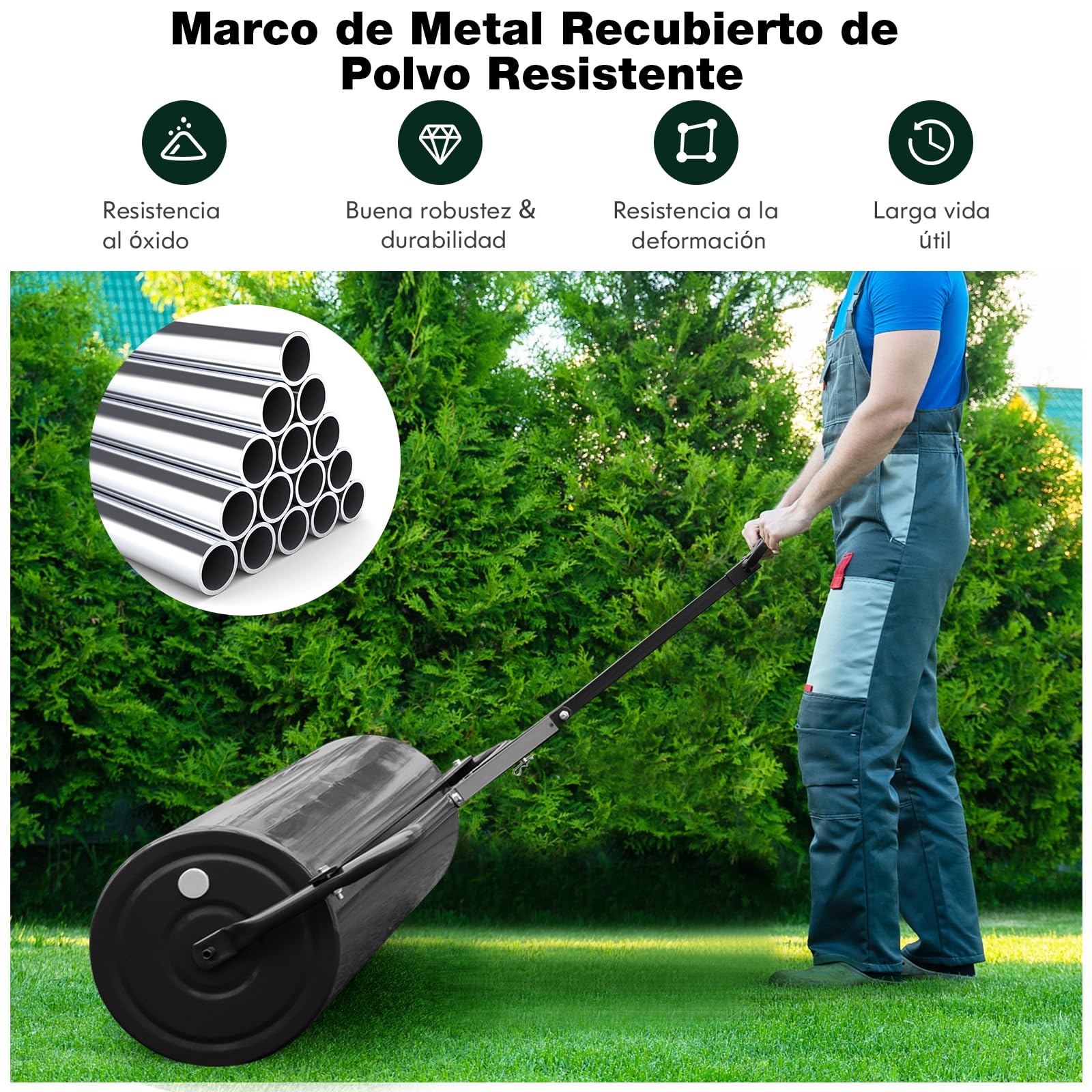 COSTWAY 113L Rodillo de Césped Metálico, Rodillo de Césped para Empujar o Tirar Llenado de Agua o Arena con Mango Desmontable para Jardín, Patio, Parque, Granja (Negro, 146x99x40cm)