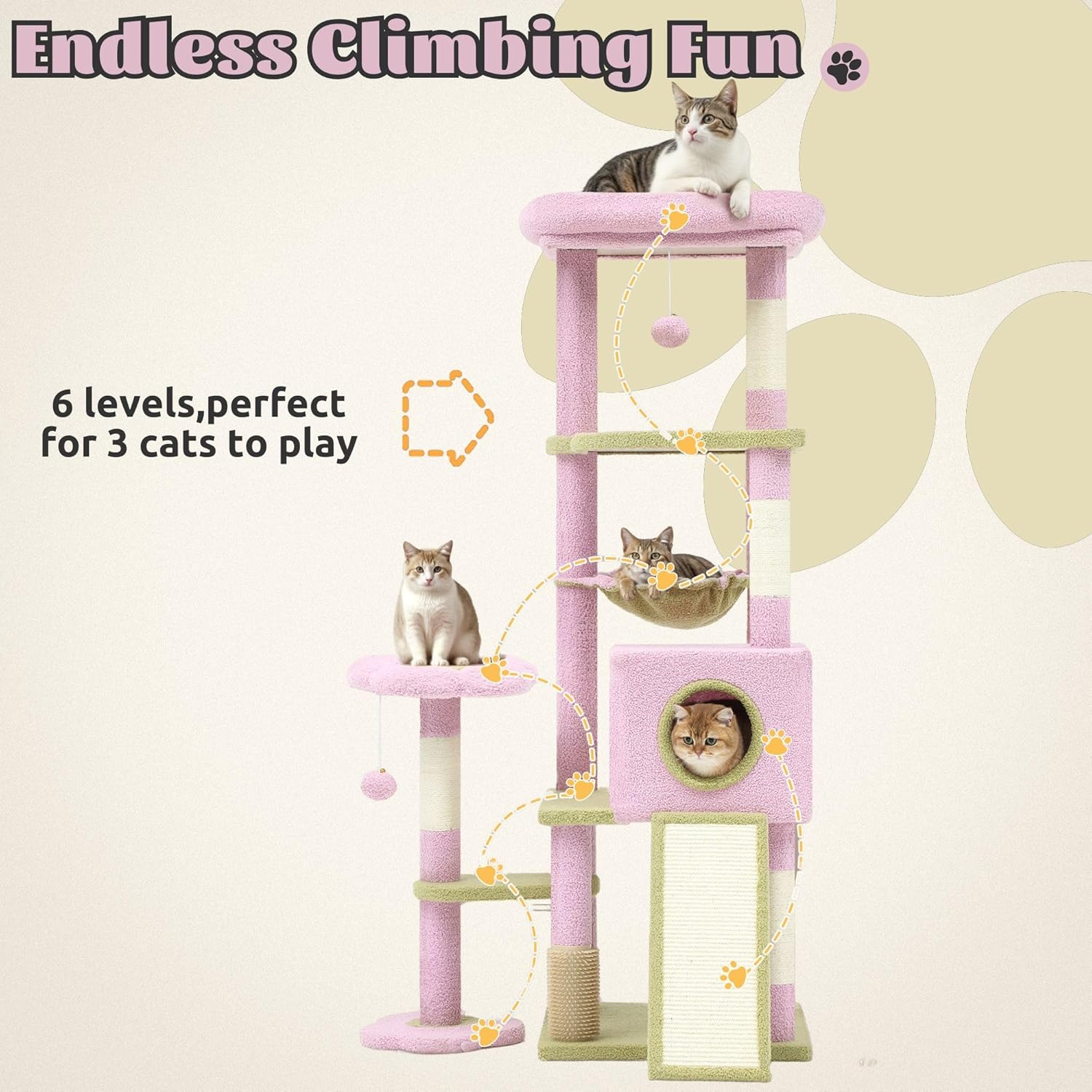 DWVO Flower Cat Tree for Large Cats: 61" Tall with Self-Grooming Brush, Cute Kitten Climbing Tower for Indoor Kittens with Cat Condo, Top Perch, Basktet, Sisal Scratching Posts, Dangling Ball