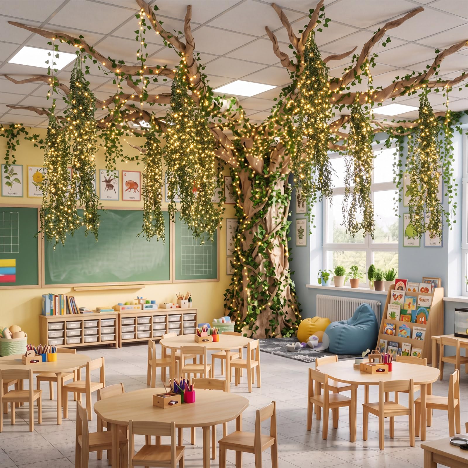 Blosssound Decoración temática de la selva, árbol 3D con hojas artificiales, guirnaldas de hojas de uva, luz LED, papel kraft para fiesta temática de bosque lluvioso 2026, decoración de tablón de