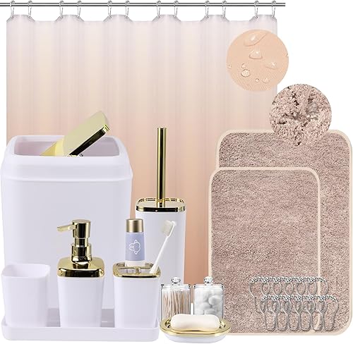 Miniatura 24 de Juego de baño beige de plástico de 9 piezas, con basurero, dispensador de jabón, portacepillos de dientes, vaso, jabonera, cepillo para inodoro