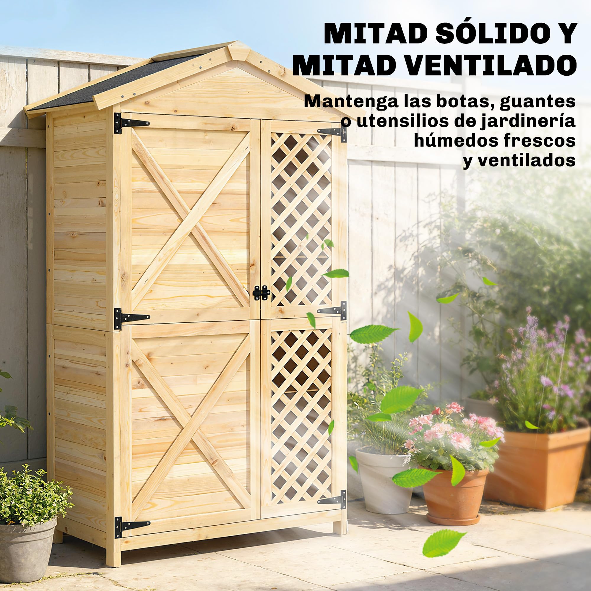 Outsunny Armario de Exterior de Madera Caseta Jardín Exterior con Techo de Asfalto 2 Puertas Ventiladas con Pestillo 2 Estantes Extraíbles Cobertizo de Jardín para Almacenaje Herramientas Natural
