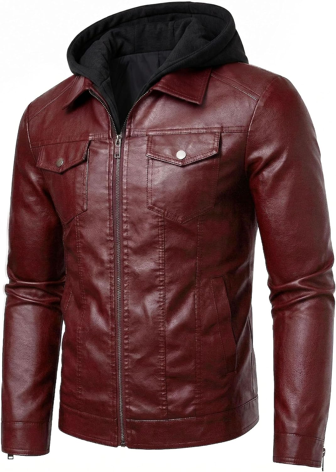 Leather Jacket Men Motorcycle Biker Jacket Faux Leather Coat Removable Hood