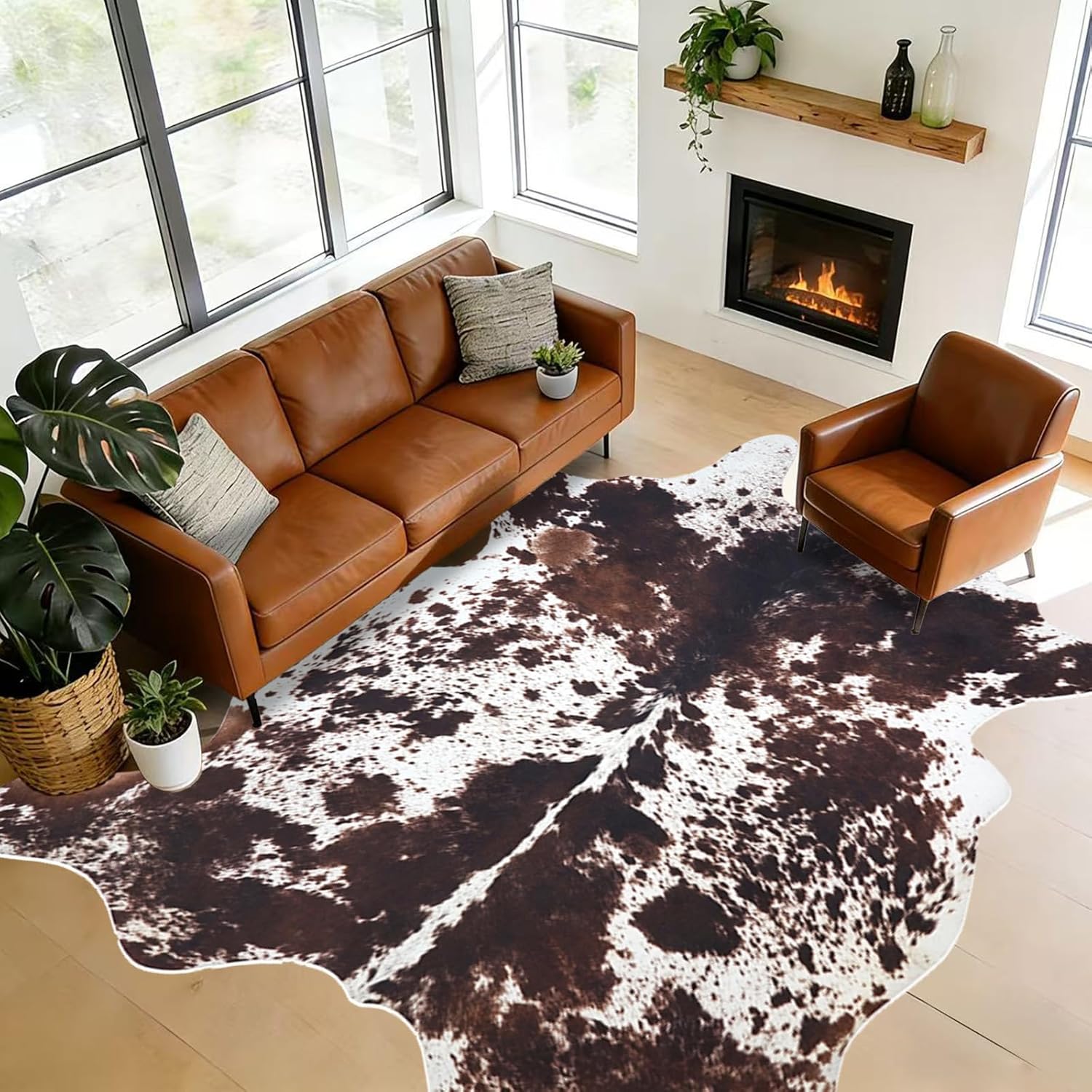 Faux Cowhide Rug 8x10 ft Large Cow Hide Rug for Living Room Cow Print Rugs for Bedroom Home Office Brown Cow Rugs for Home Decor