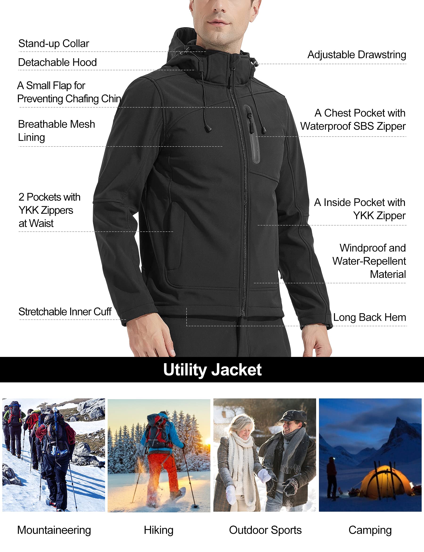 KUTOOK Giacche Softshell Impermeabile Giubbotto Antivento Invernale da Uomo con Cappuccio Staccabile per Montagna Trekking Sci Outdoor