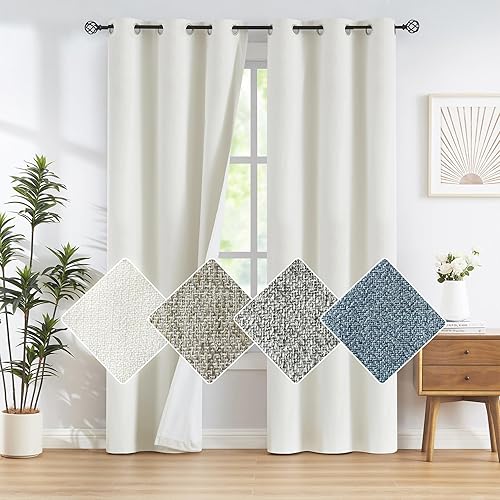 FMFUNCTEX Cortinas opacas de lino gris de 96 pulgadas de largo para dormitorio y sala de estar, 100% absolutamente opacas, cortinas texturizadas de