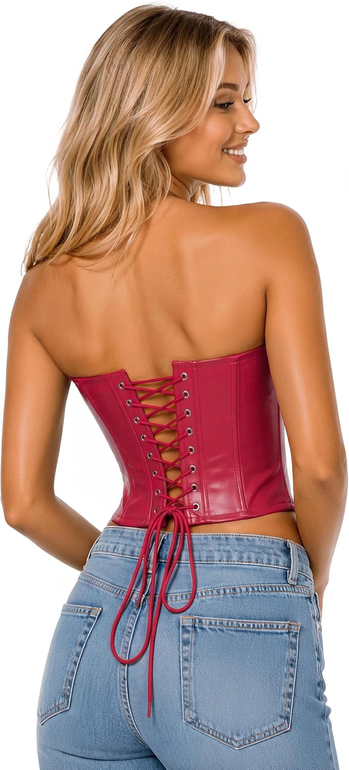 JASGOOD Faux Leather Corsets Top for Women Strapless Bustier Lace Up Waist Cincher for Going Out Gothic Halloween Costumes